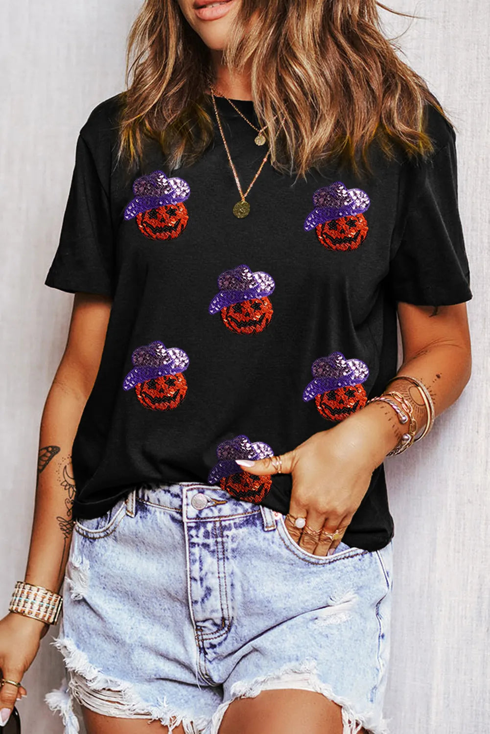 Sequin Pumpkin Round Neck Short Sleeve T-Shirt-Angel Casuals