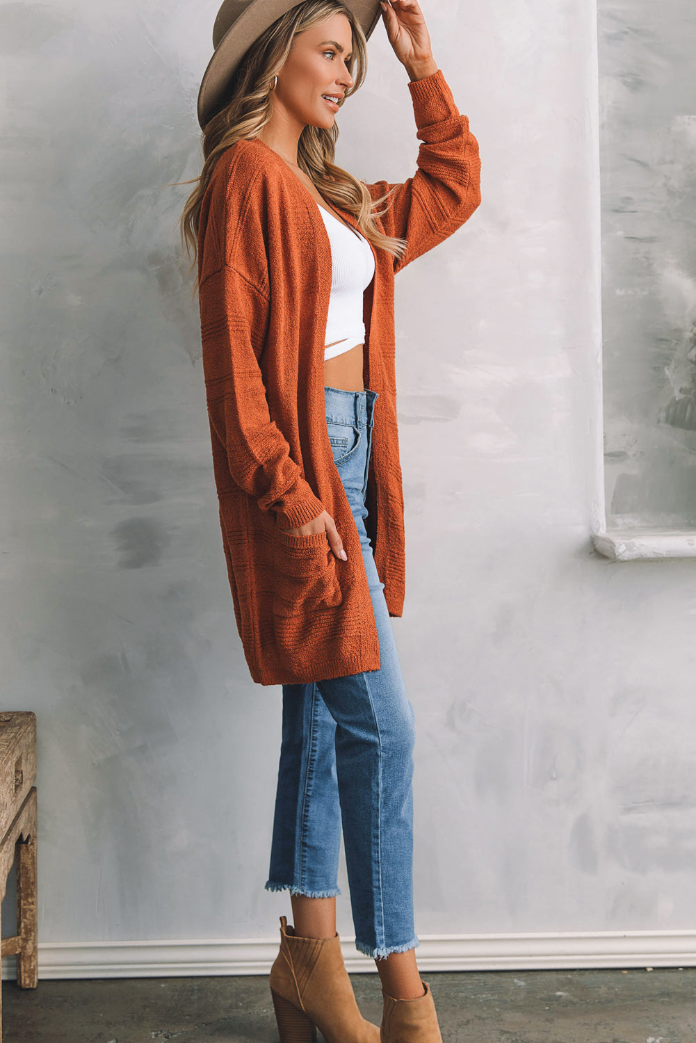 Open Front Textured Cardigan with Pockets-Angel Casuals