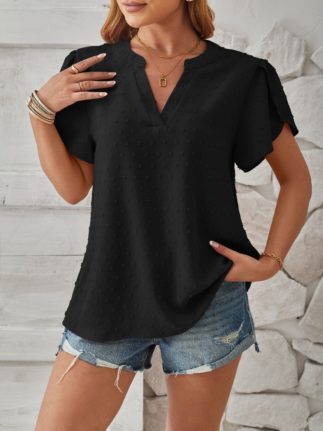 Swiss Dot Notched Petal Sleeve T-Shirt-Angel Casuals