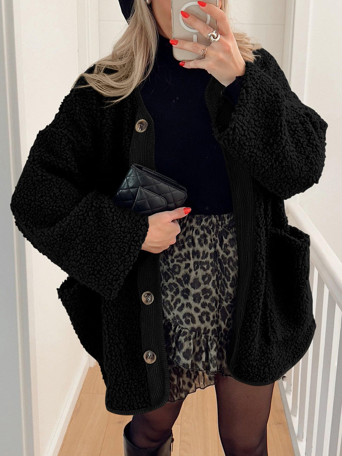 Contrast Button Up Sherpa Jacket with Pockets-Angel Casuals