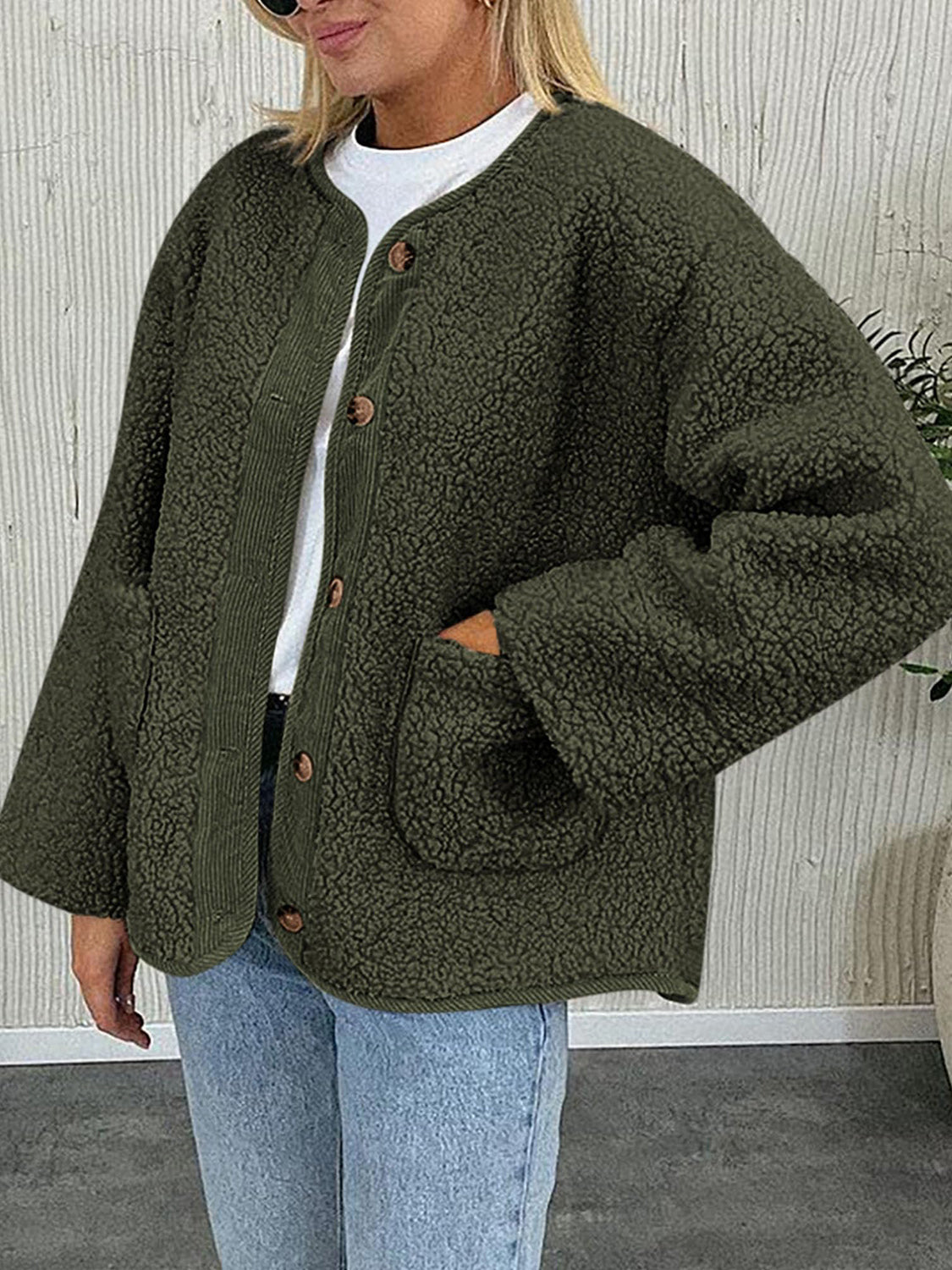 Contrast Button Up Sherpa Jacket with Pockets-Angel Casuals