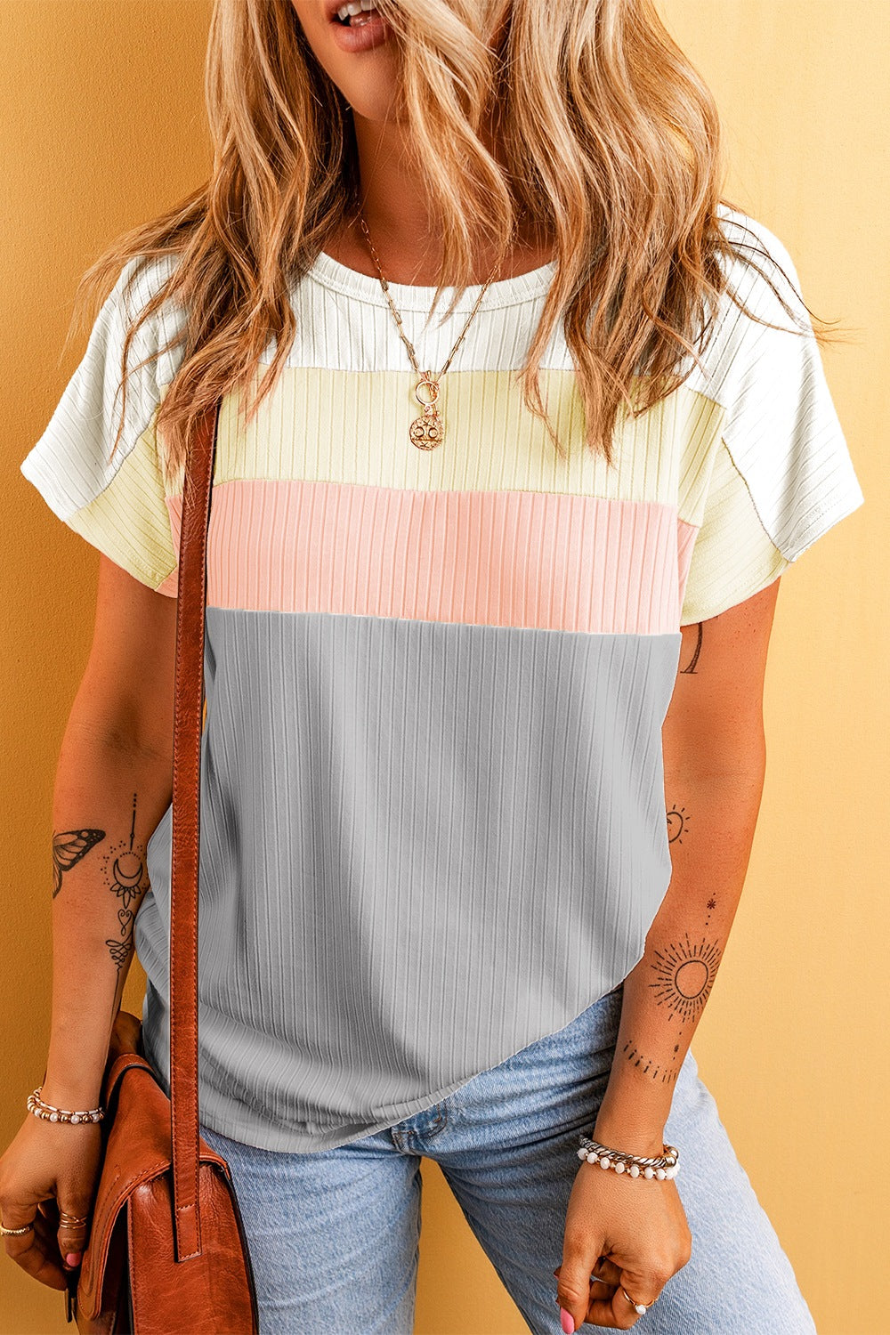Color Block Round Neck Short Sleeve T-Shirt-Angel Casuals