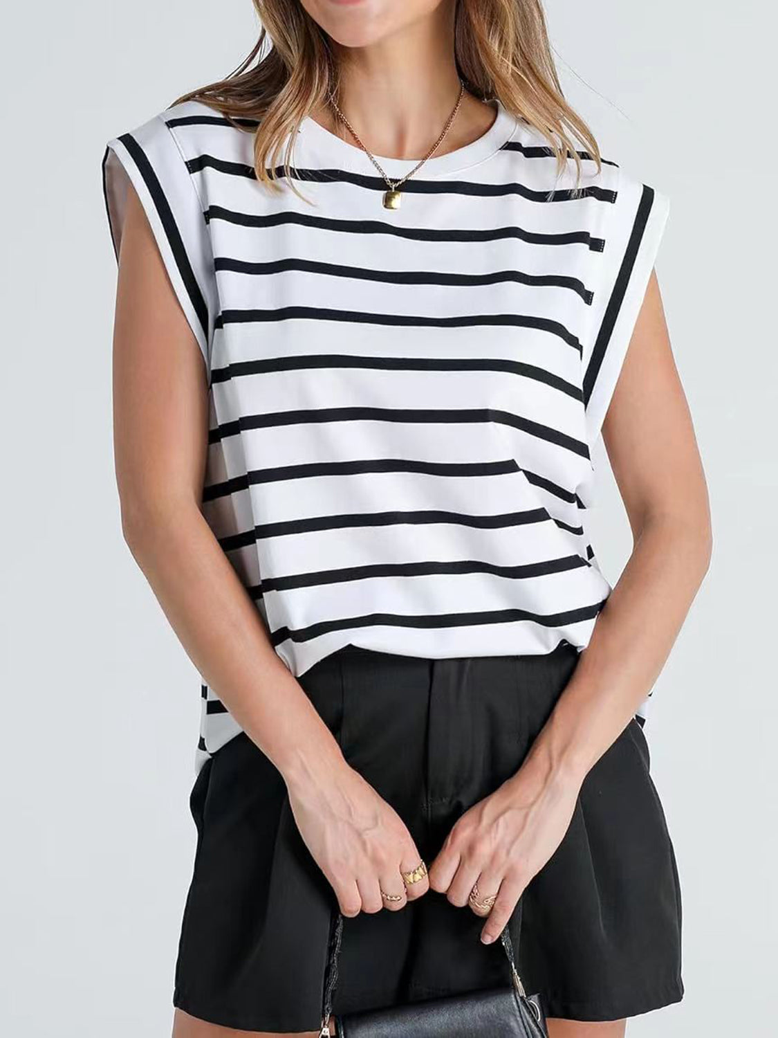 Striped Round Neck Cap Sleeve T-Shirt-Angel Casuals