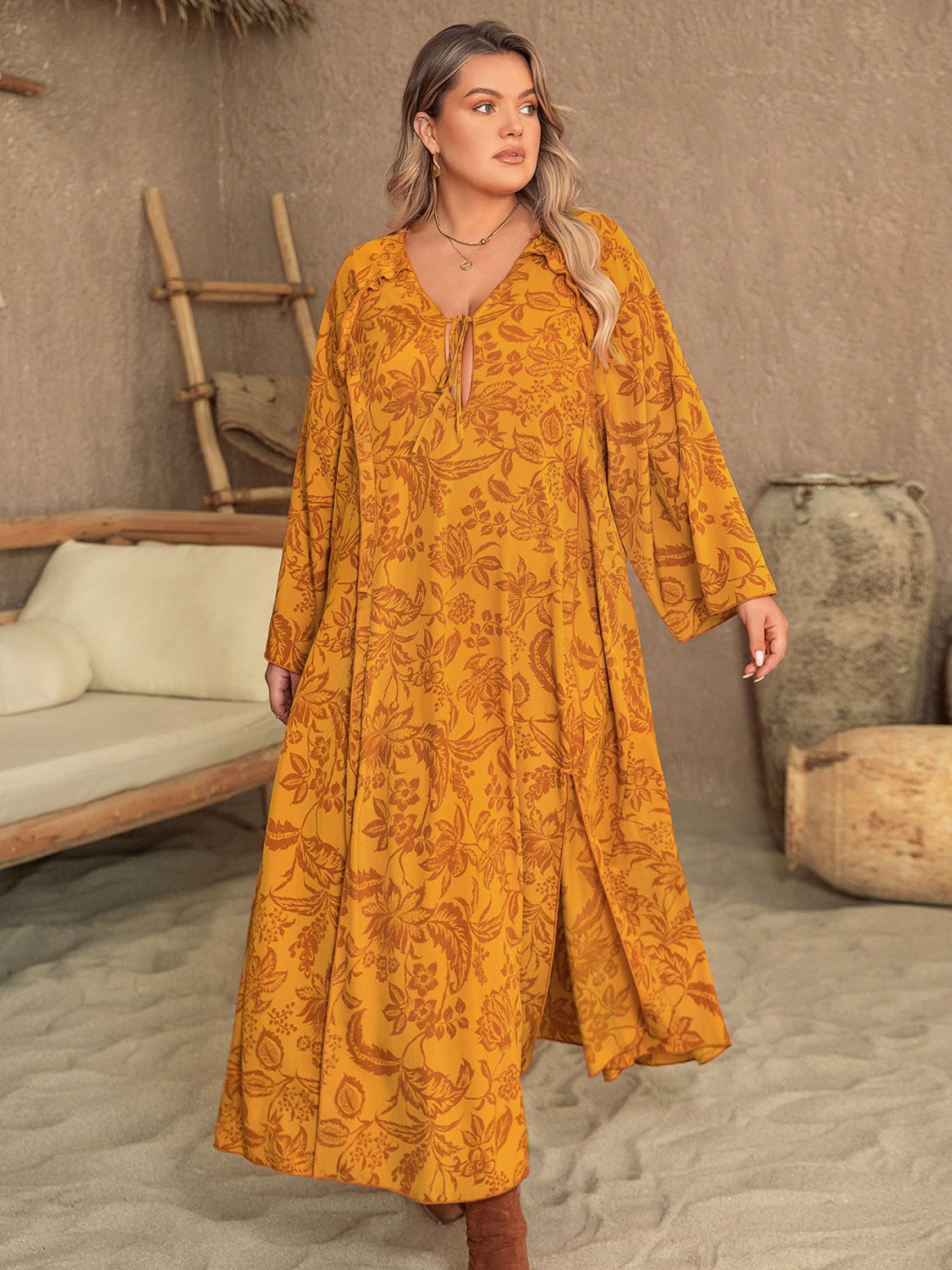 Plus Size Printed Slit Long Sleeve Dress-Angel Casuals