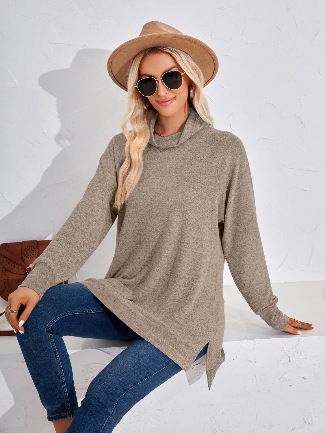 Contrast Mock Neck Long Sleeve T-Shirt-Angel Casuals