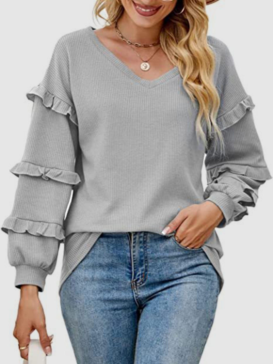 Ruffled V-Neck Long Sleeve T-Shirt-Angel Casuals