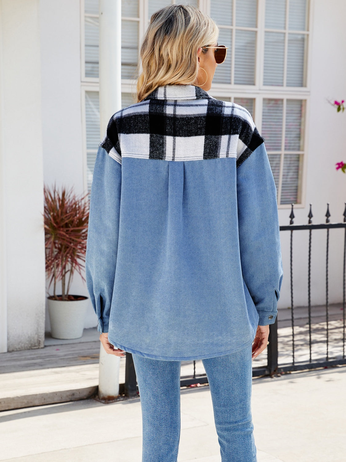 Pocketed Plaid Snap Down Denim Jacket-Angel Casuals