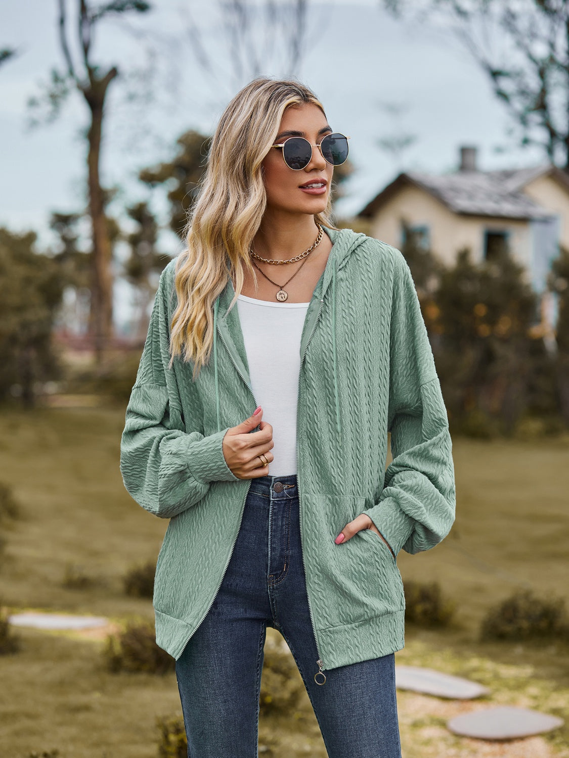 Zip Up Drawstring Long Sleeve Hooded Jacket-Angel Casuals