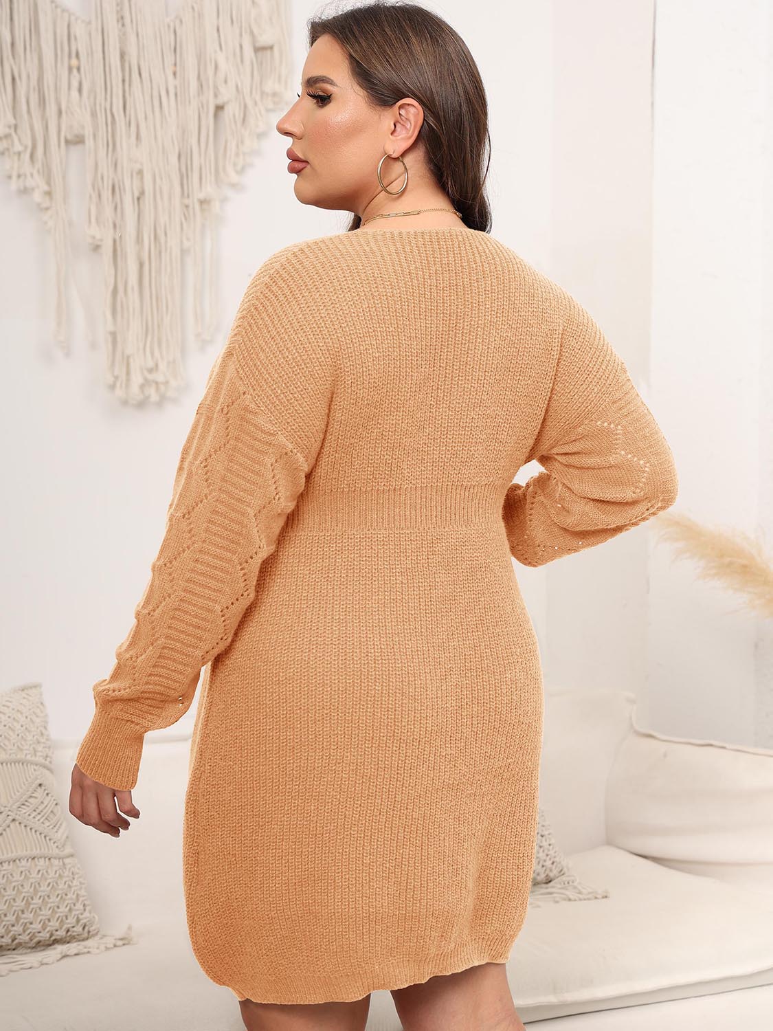 Plus Size Dropped Shoulder Long Sleeve Knit Mini Dress-Angel Casuals