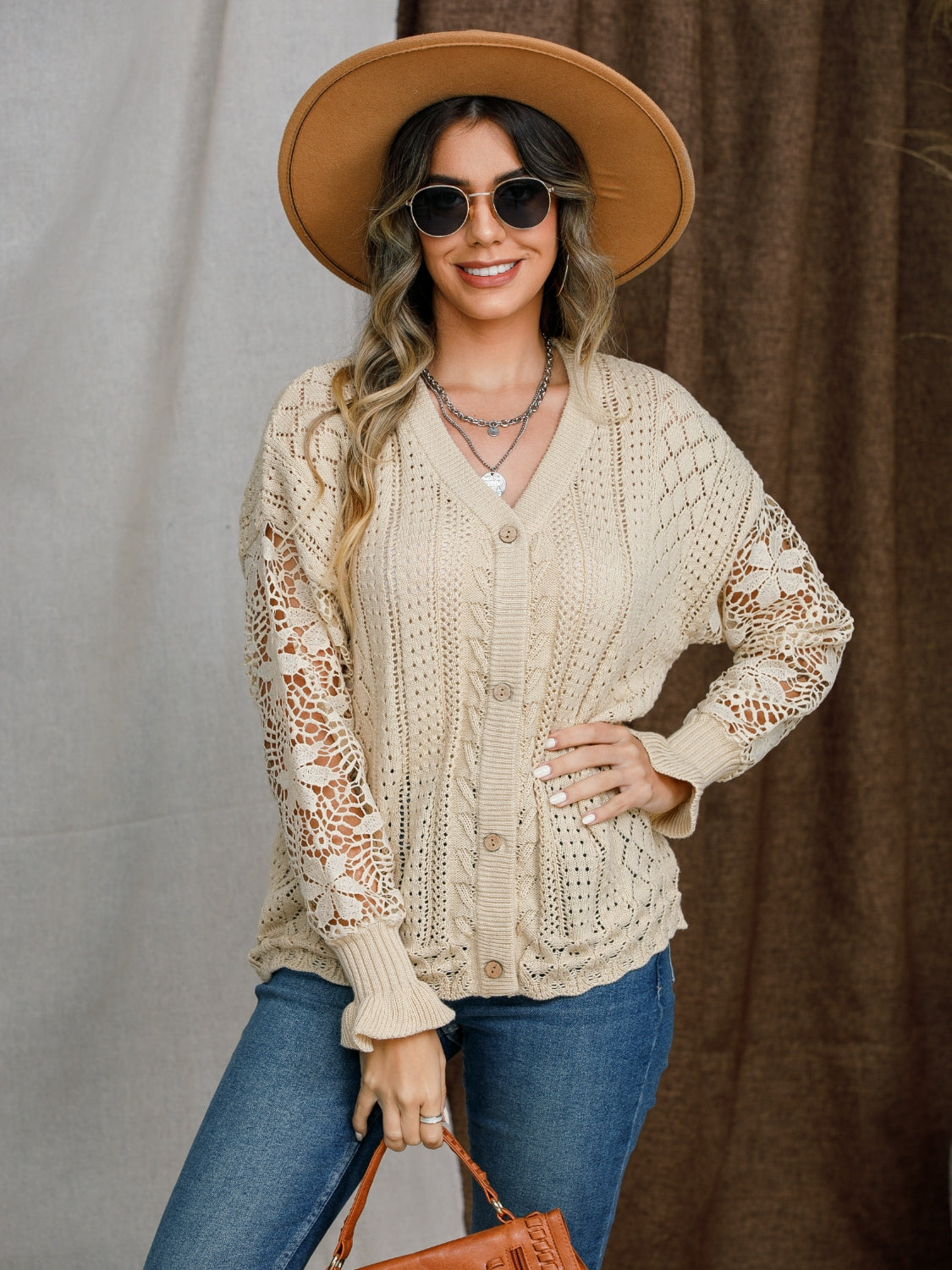 Eyelet Button Up Lantern Sleeve Cardigan-Angel Casuals