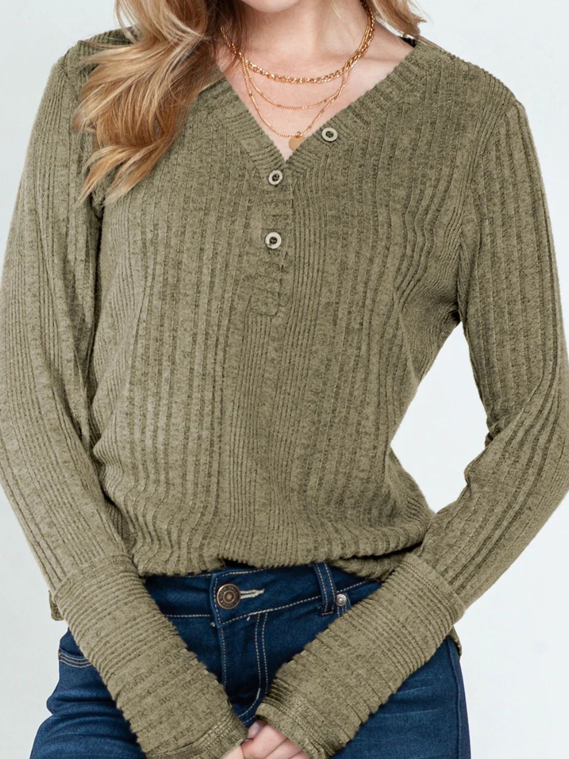 Textured V-Neck Long Sleeve T-Shirt-Angel Casuals