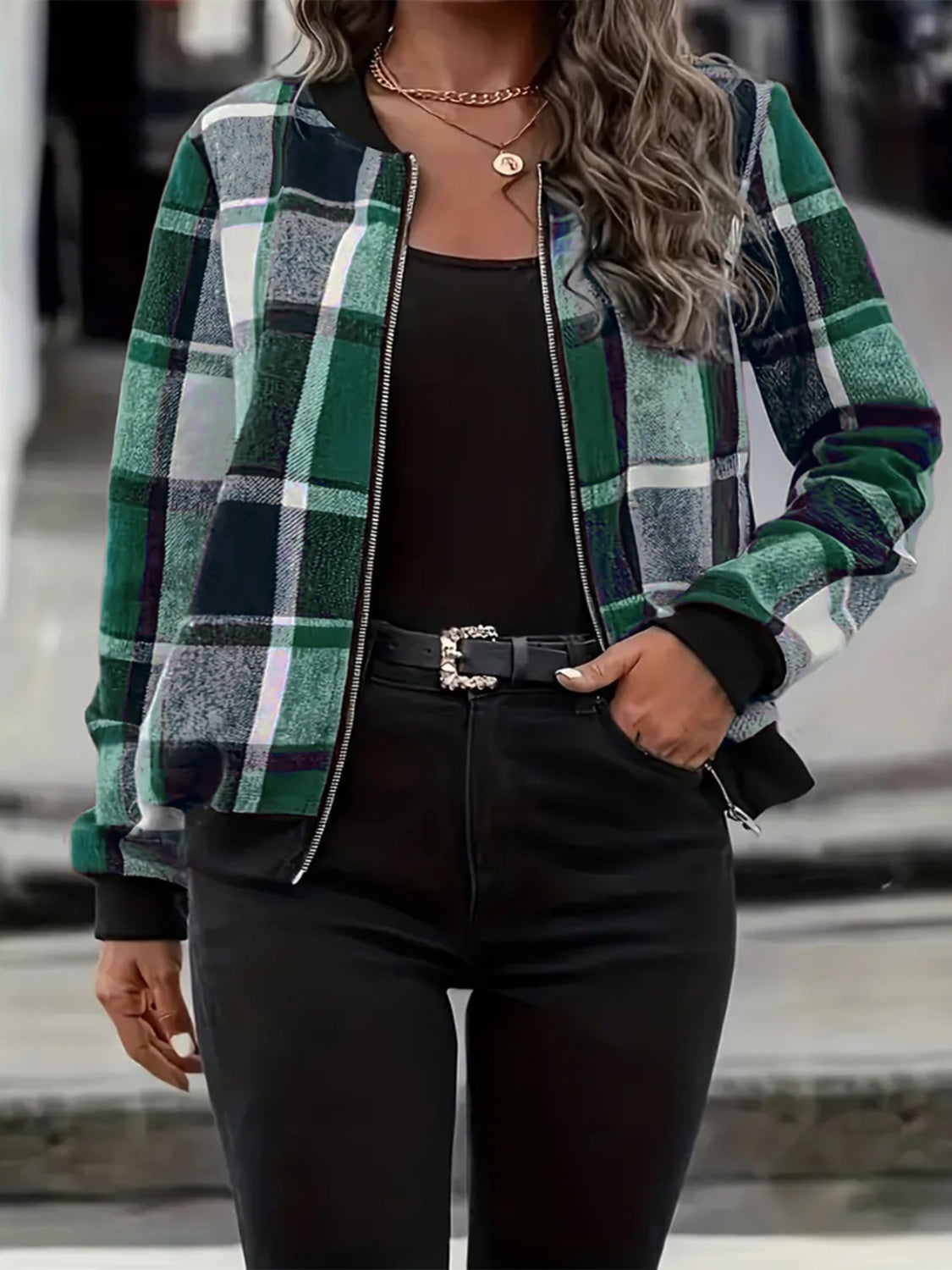Plus Size Plaid Baseball Collar Zip Up Jacket-Angel Casuals