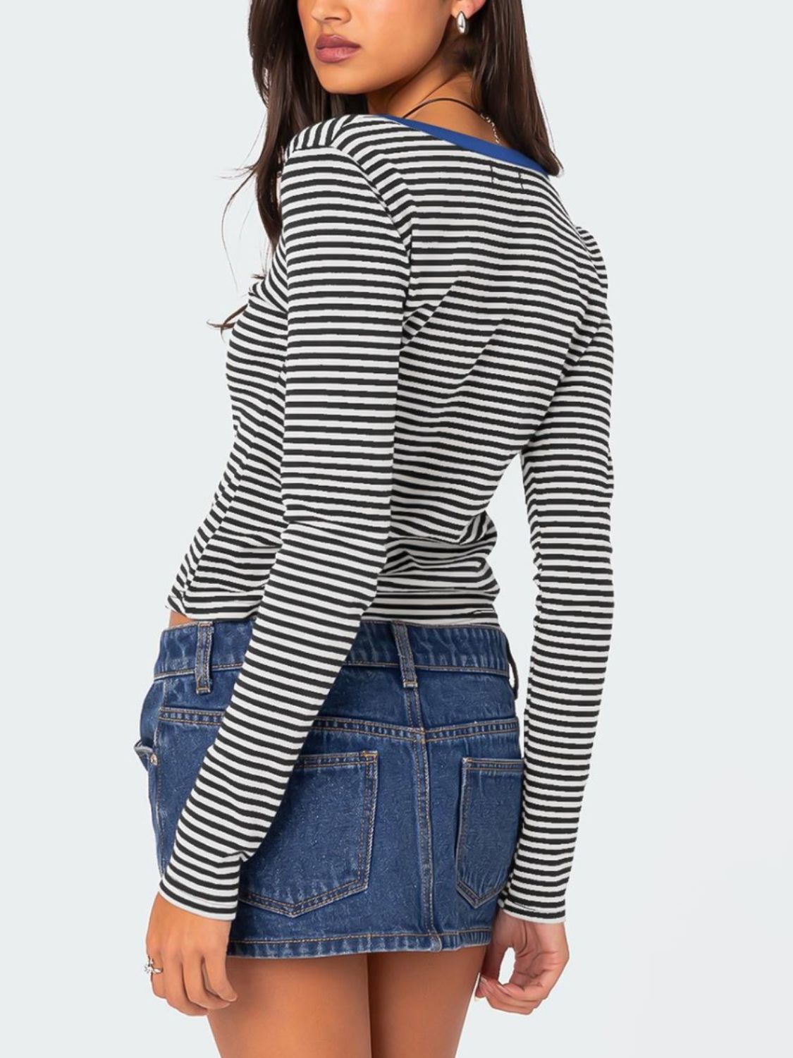 Buttoned Striped Long Sleeve T-Shirt-Angel Casuals