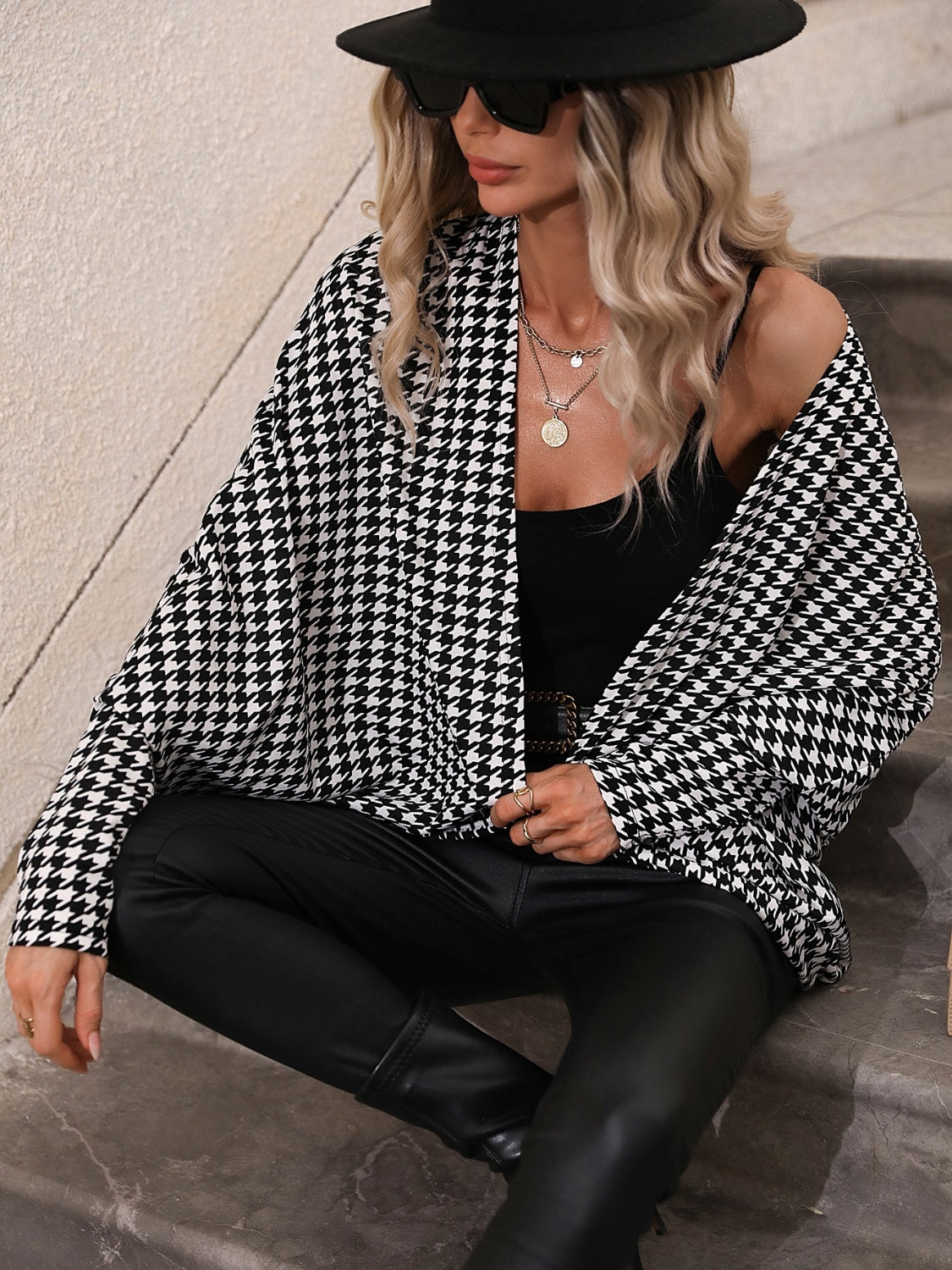 Houndstooth Open Front Batwing Sleeve Cardigan-Angel Casuals