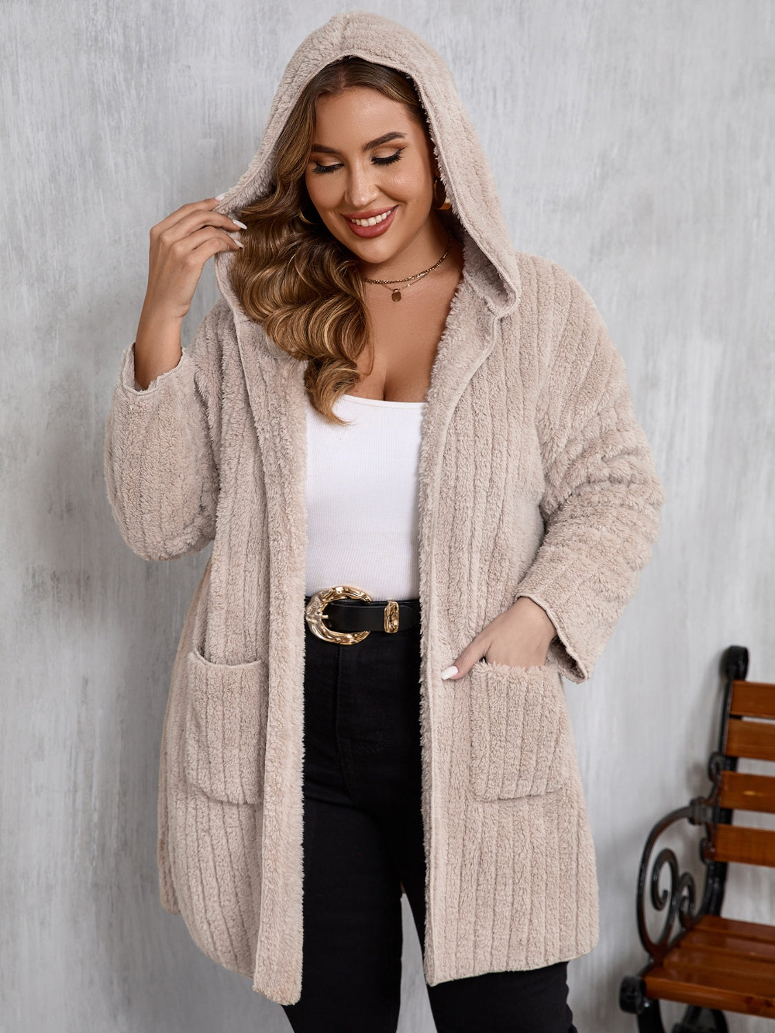 Plus Size Open Front Long Sleeve Hooded Fuzzy Jacket-Angel Casuals