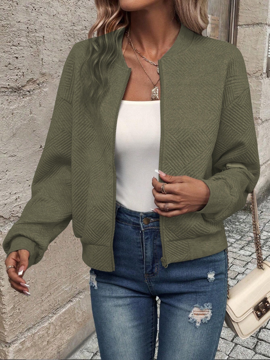 Textured Zip Up Long Sleeve Jacket-Angel Casuals