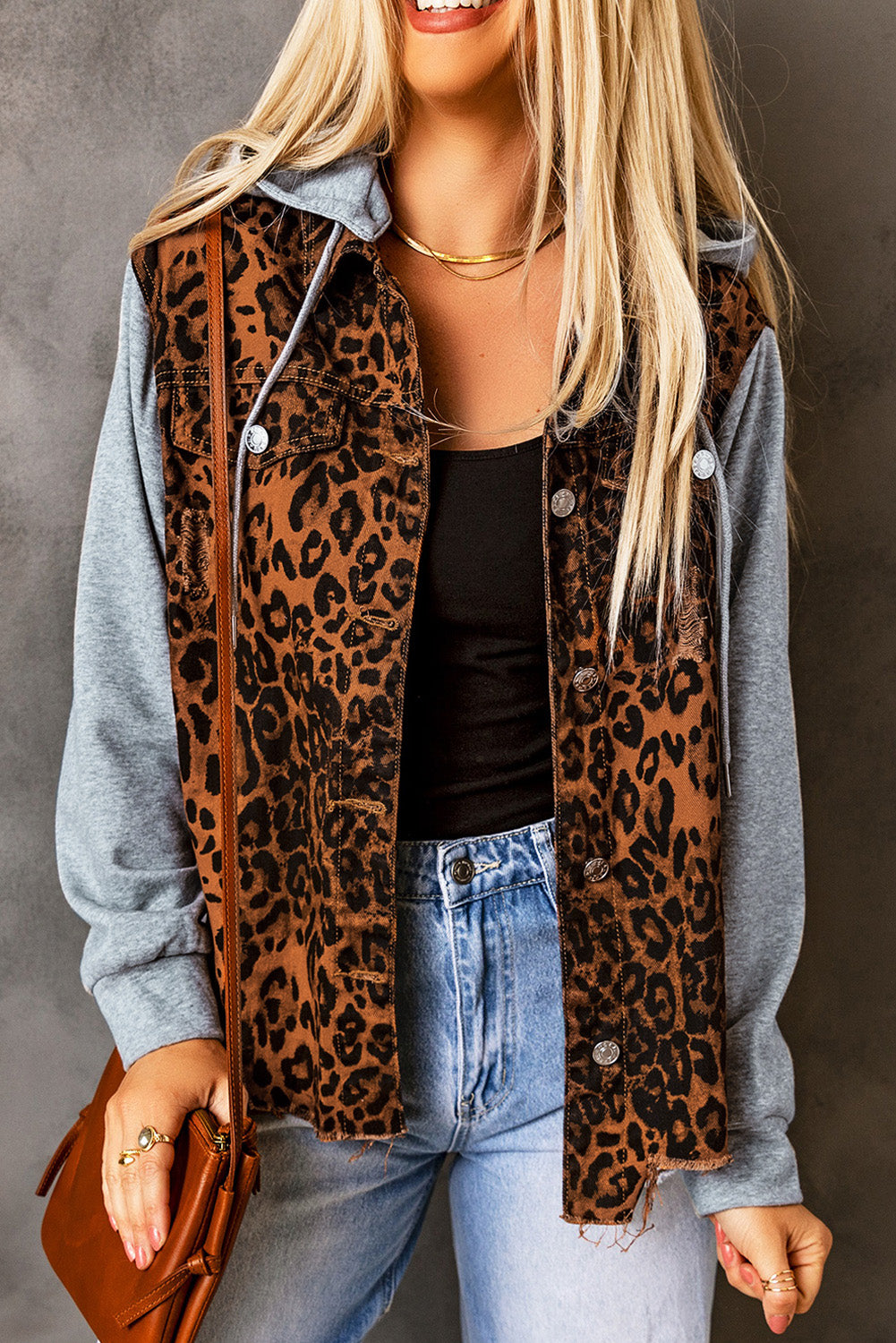 Leopard Distressed Drawstring Hooded Denim Jacket-Angel Casuals