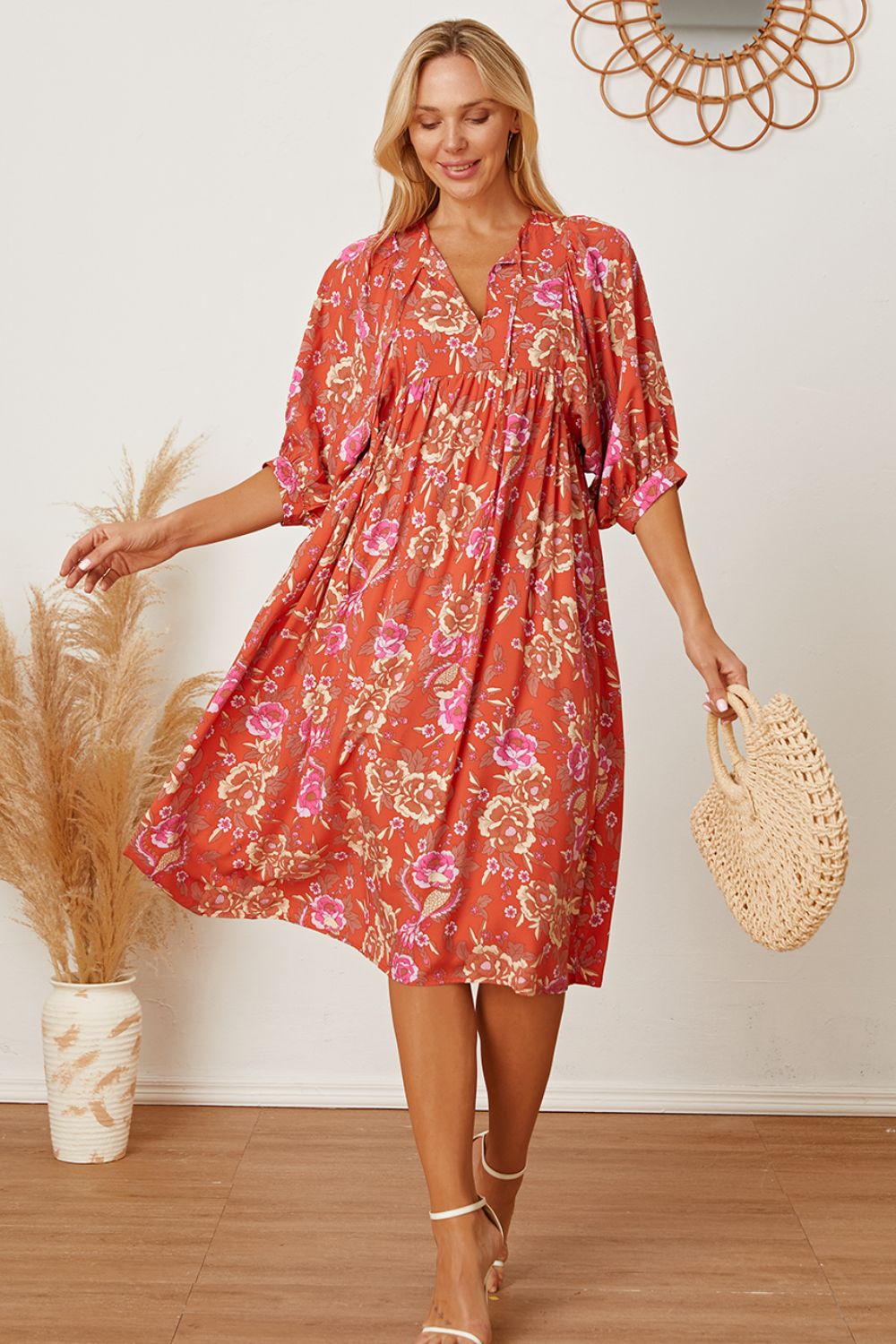 Floral Tie Neck Half Sleeve Dress-Angel Casuals