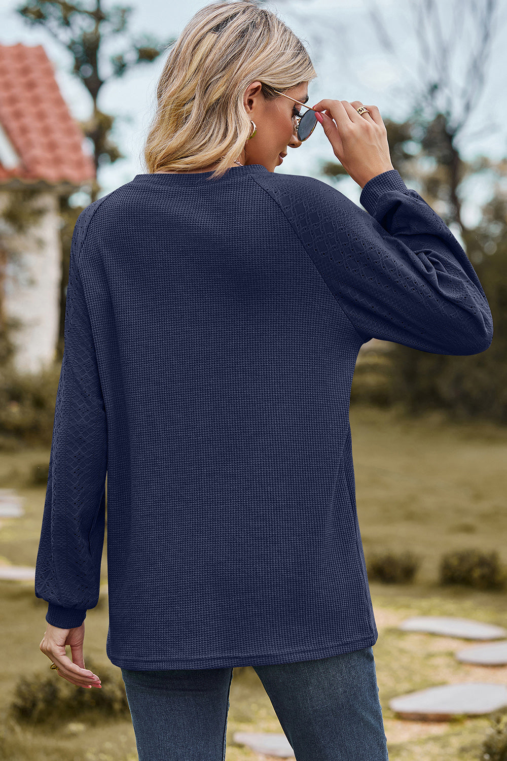 Eyelet Round Neck Long Sleeve T-Shirt-Angel Casuals