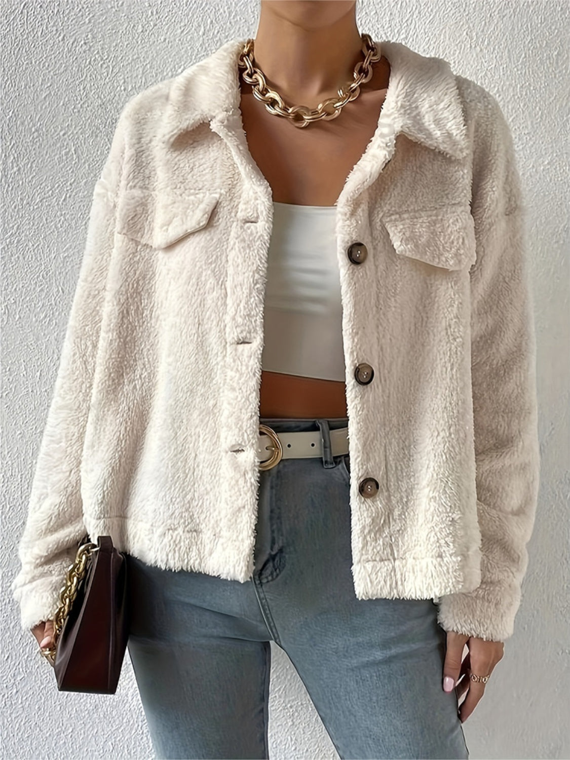 Collared Neck Button Up Jacket with Decorative Pocket Flaps-Angel Casuals