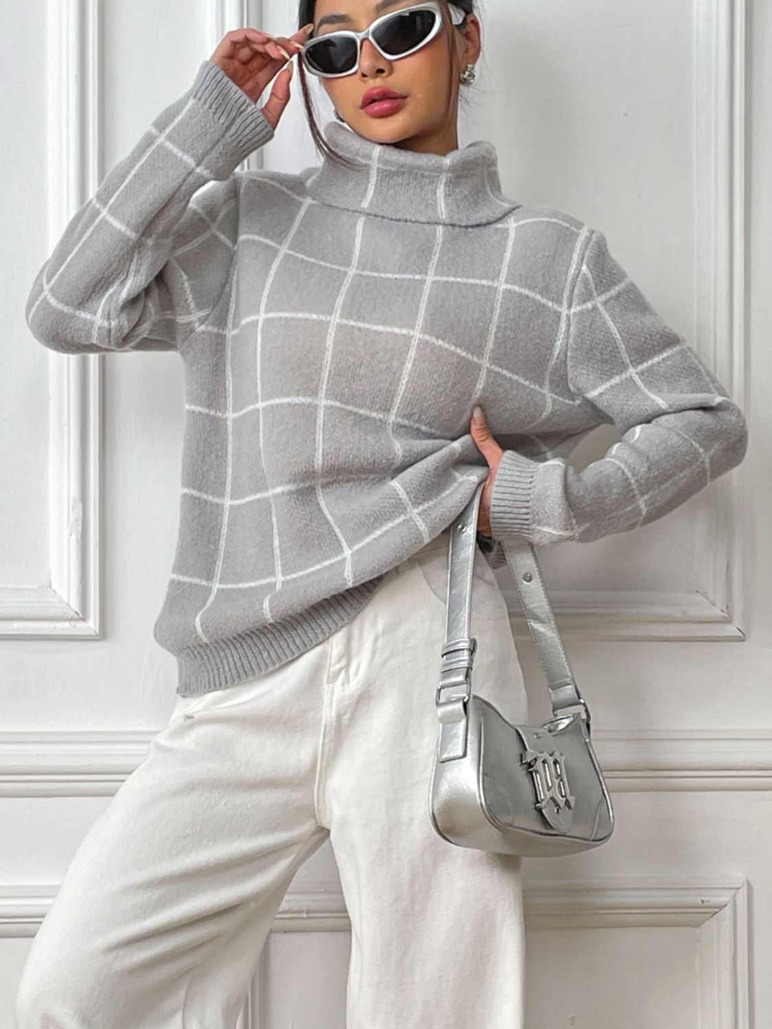 Plaid Turtleneck Long Sleeve Sweater-Angel Casuals