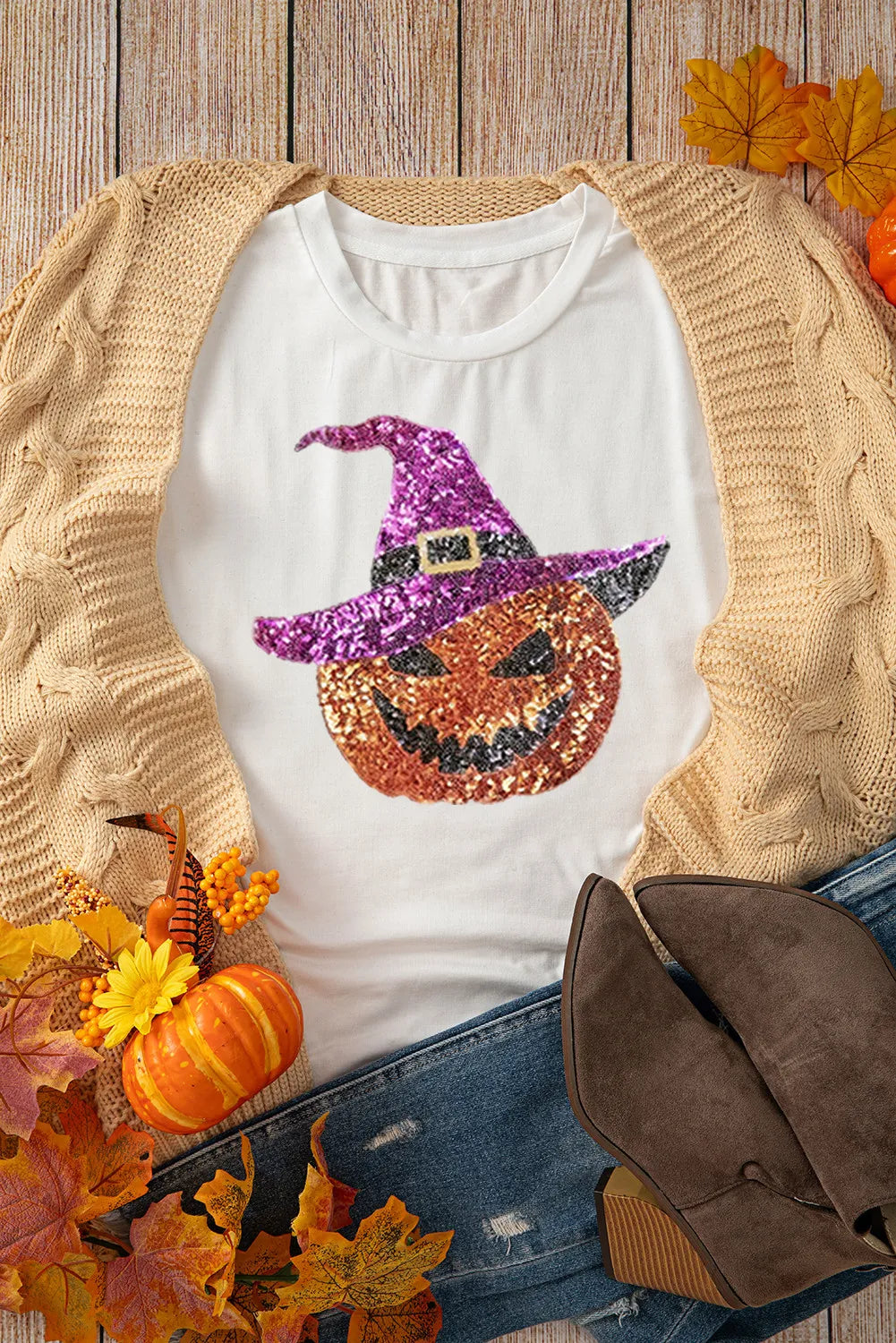 Sequin Pumpkin Round Neck Short Sleeve T-Shirt-Angel Casuals