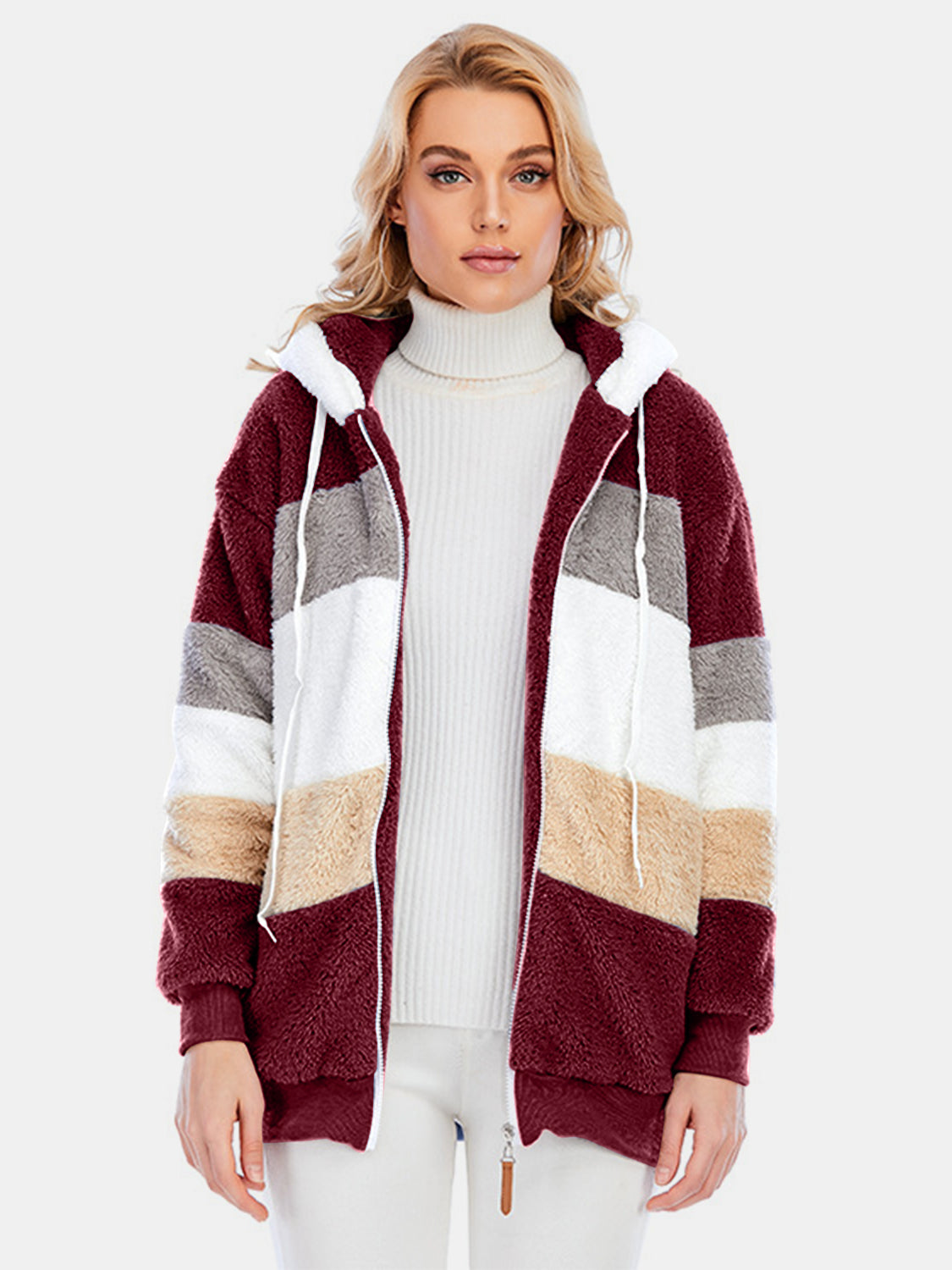 Full Size Drawstring Color Block Zip Up Hooded Outerwear-Angel Casuals