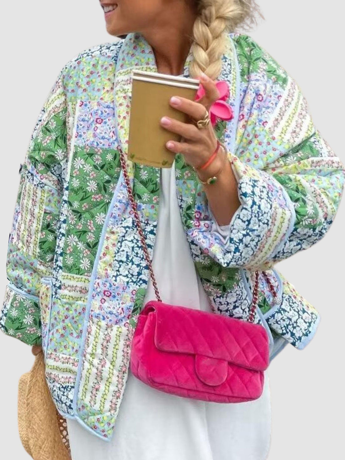 Printed Patchwork Open Front Cardigan with Pockets-Angel Casuals