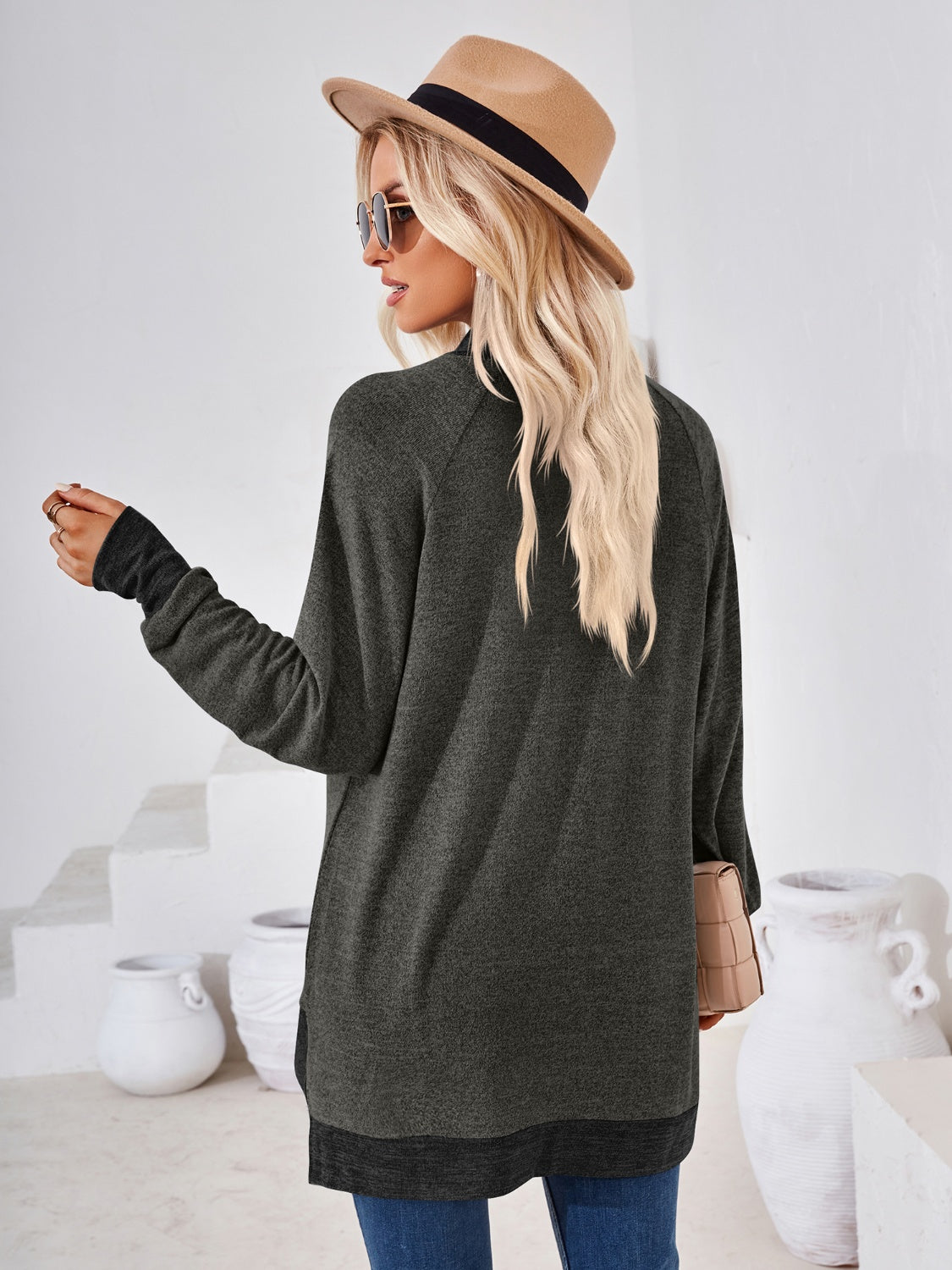 Contrast Mock Neck Long Sleeve T-Shirt-Angel Casuals