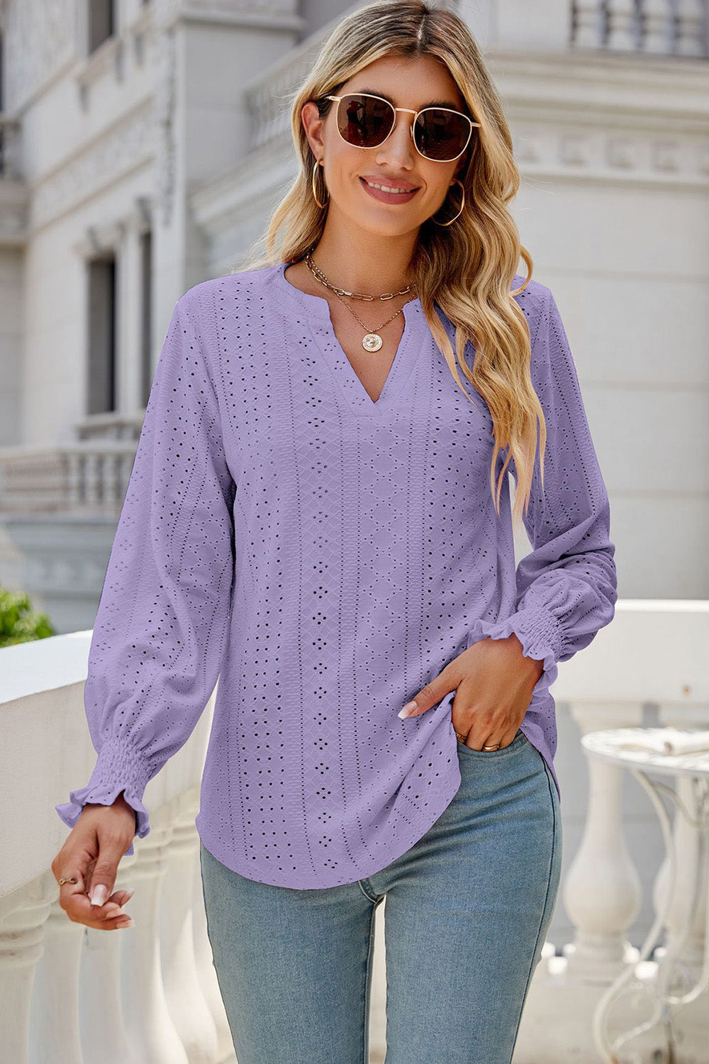 Eyelet Notched Lantern Sleeve T-Shirt-Angel Casuals