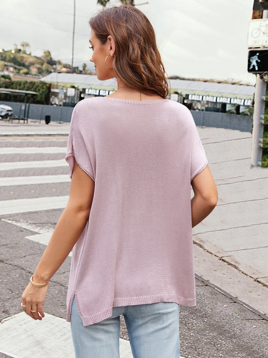 Notched Short Sleeve Knit Top-Angel Casuals