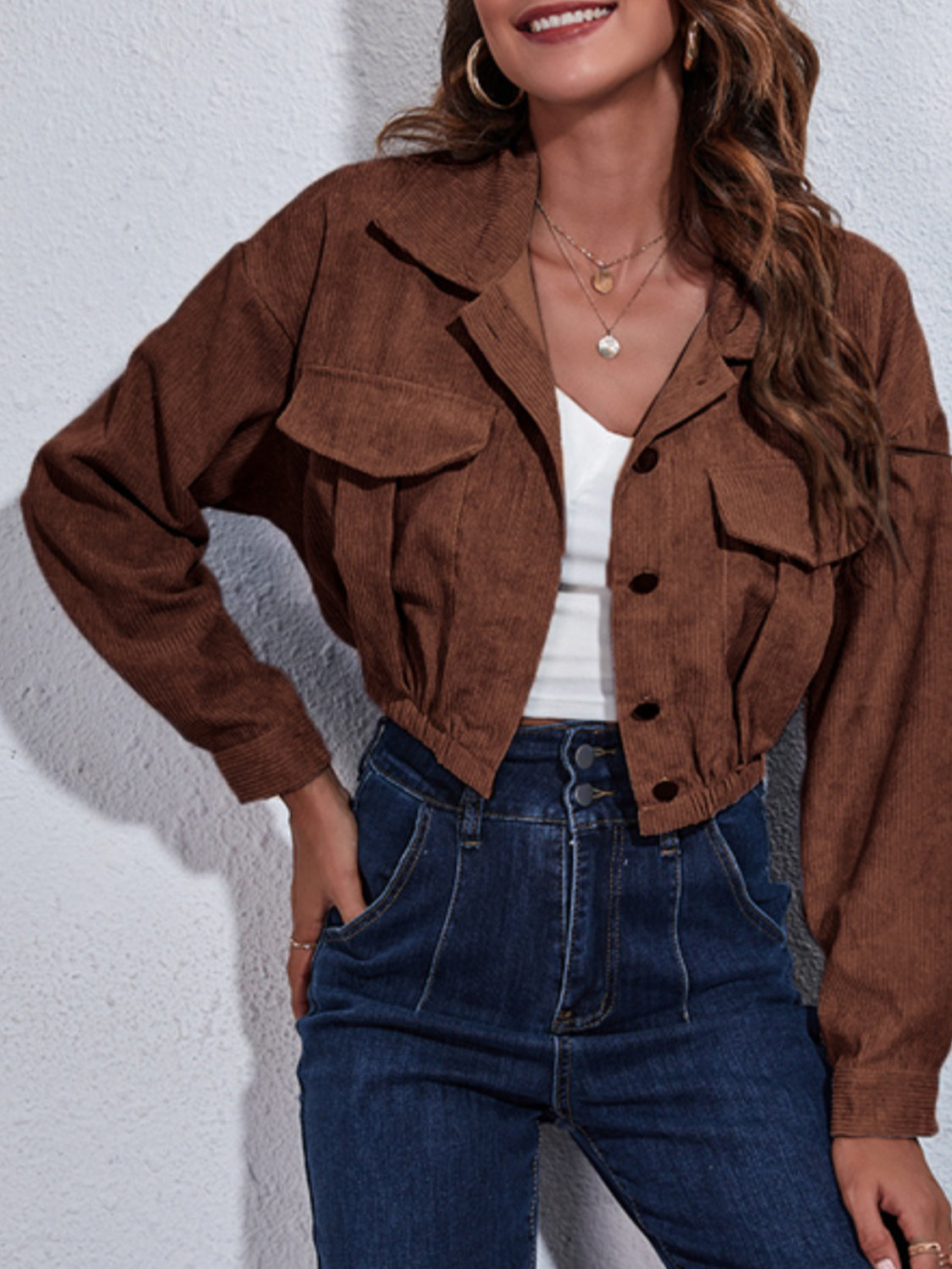 Collared Neck Dropped Shoulder Buttoned Jacket-Angel Casuals