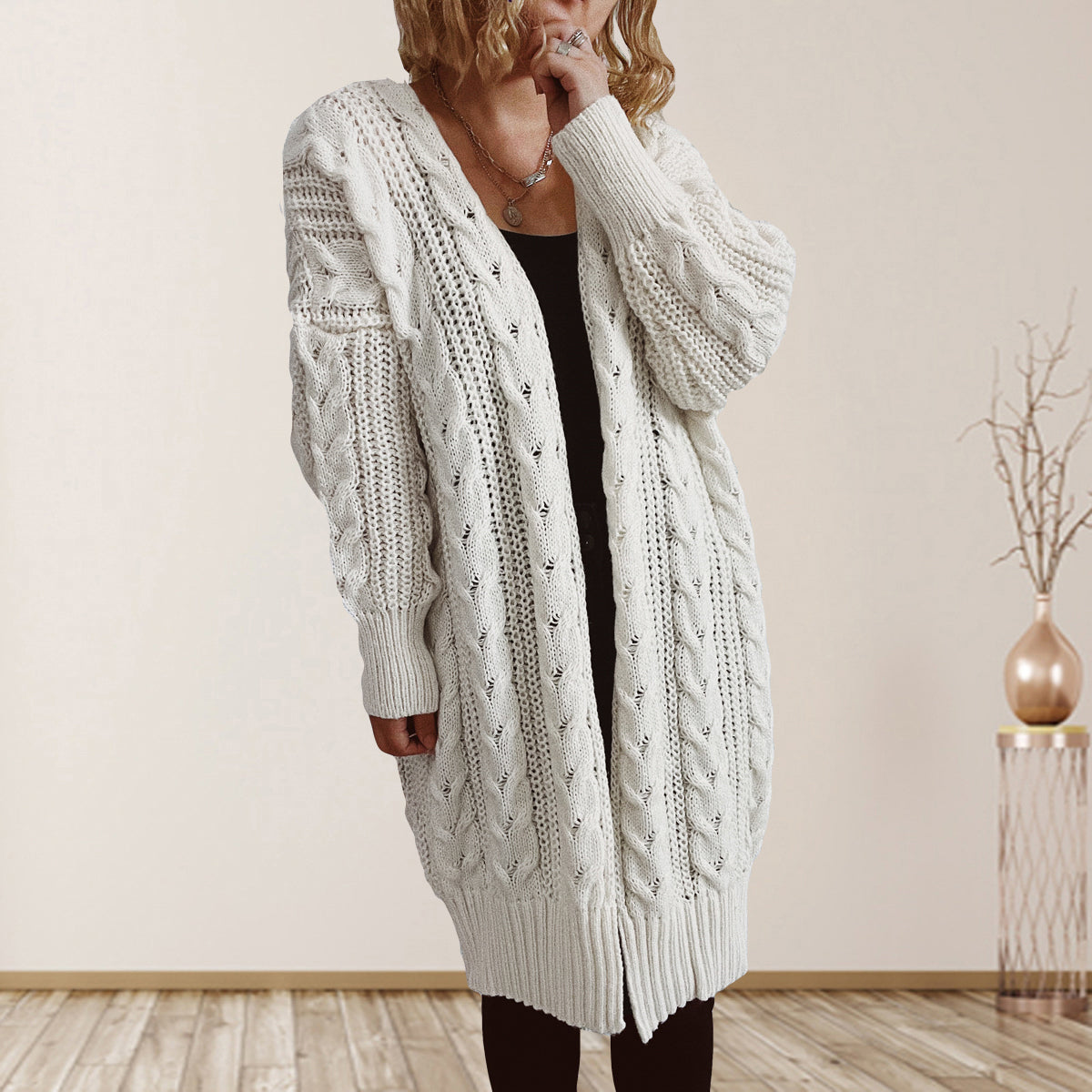 Cable-Knit Open Front Dropped Shoulder Cardigan-Angel Casuals