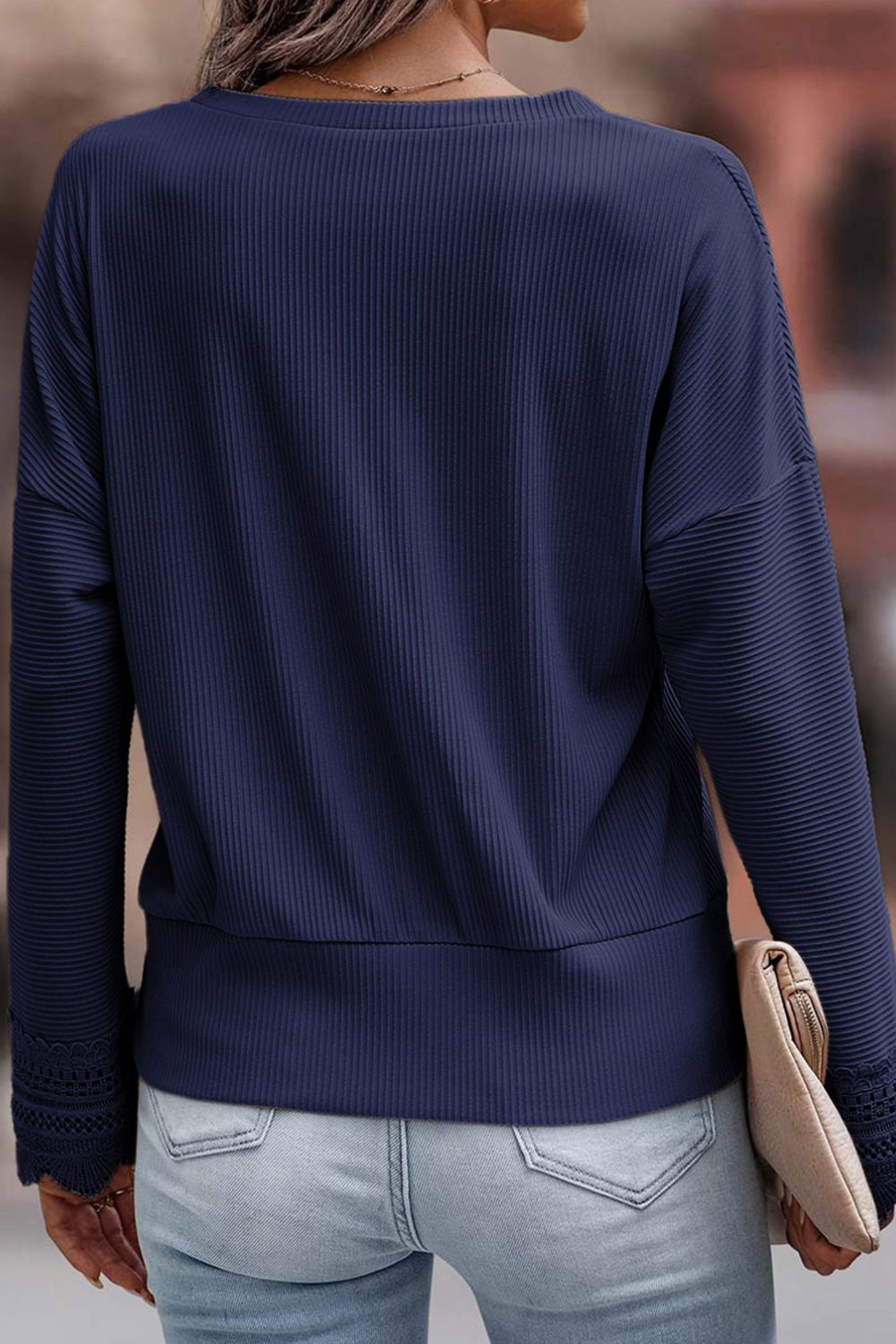 Lace Detail V-Neck Long Sleeve T-Shirt-Angel Casuals