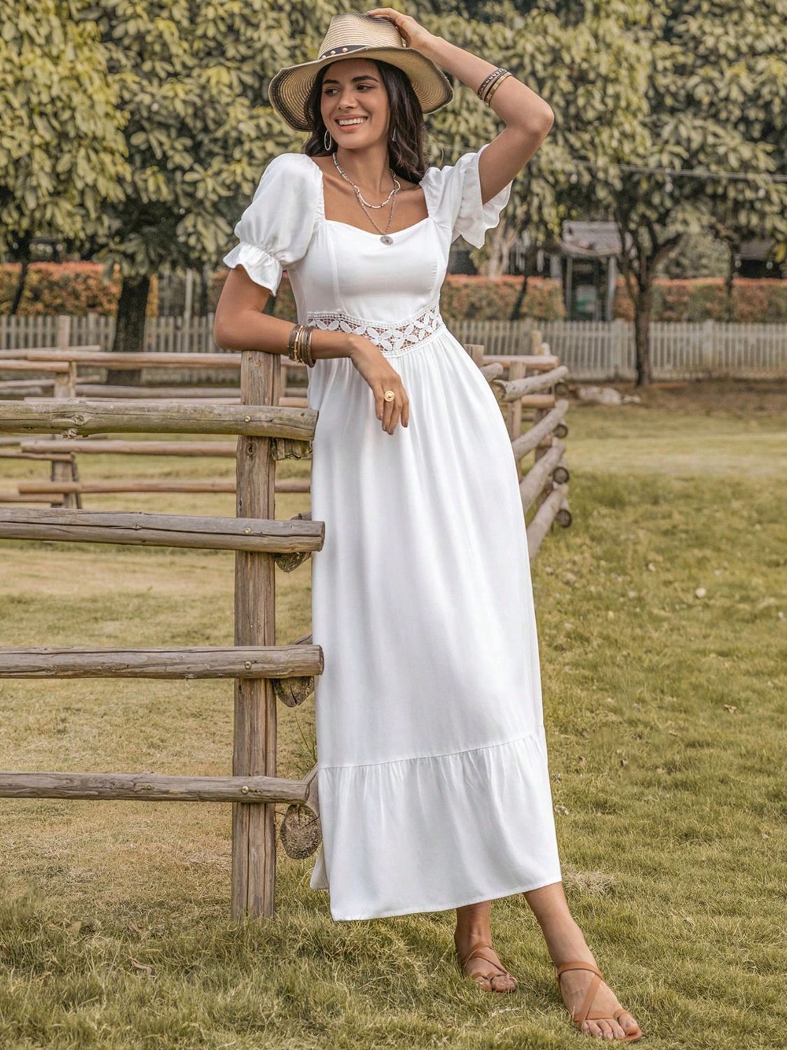 Square Neck Flounce Sleeve Midi Dress-Angel Casuals