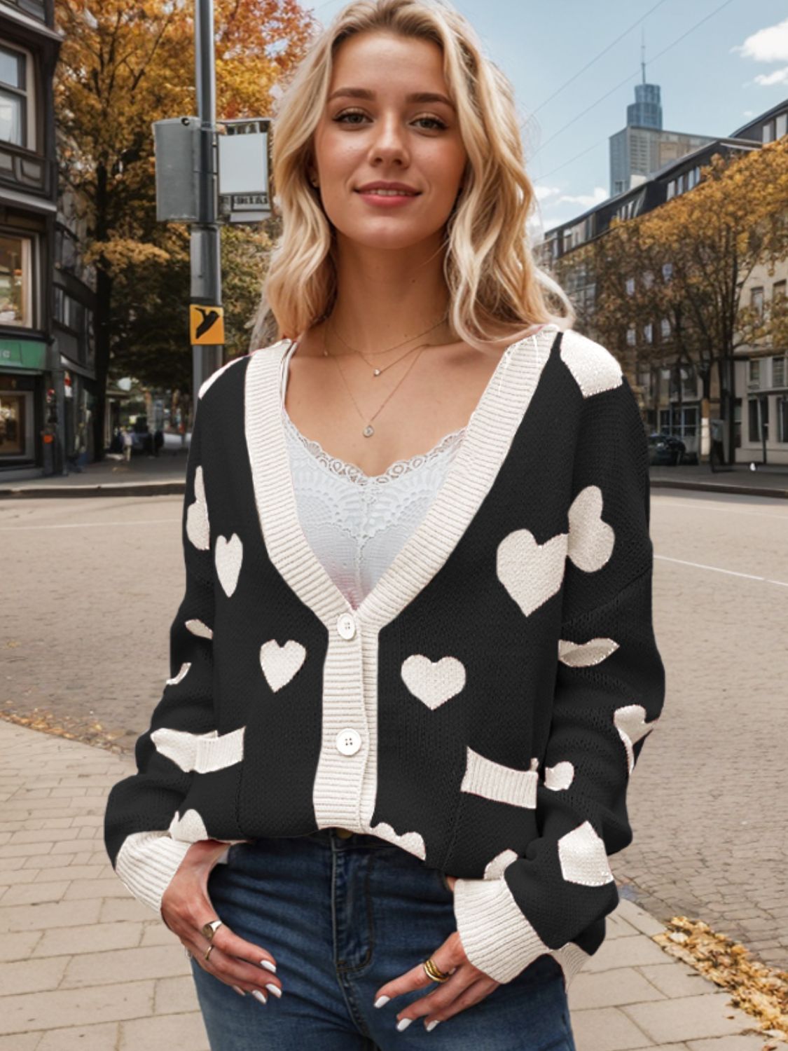 Heart Button Up Dropped Shoulder Long Sleeve Cardigan-Angel Casuals