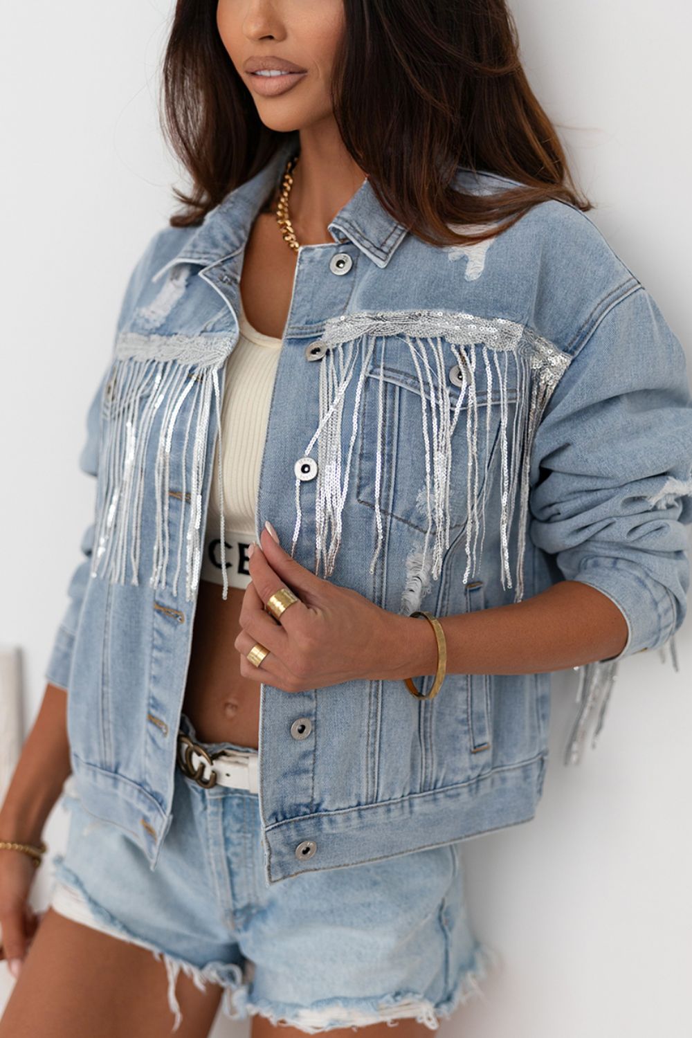 Sequin Fringe Trim Distressed Button Up Denim Jacket-Angel Casuals