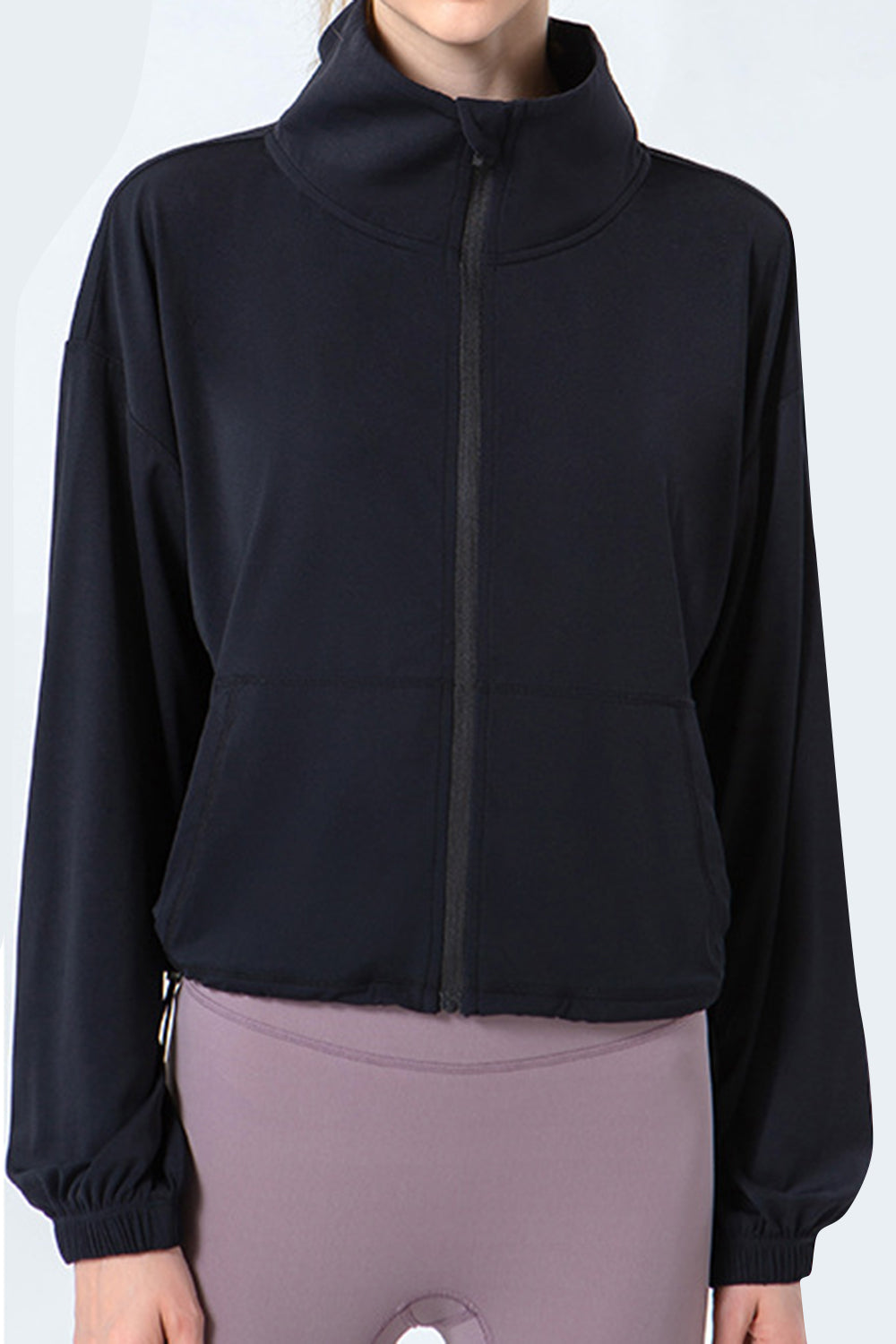 Drawstring Zip Up Dropped Shoulder Active Outerwear-Angel Casuals