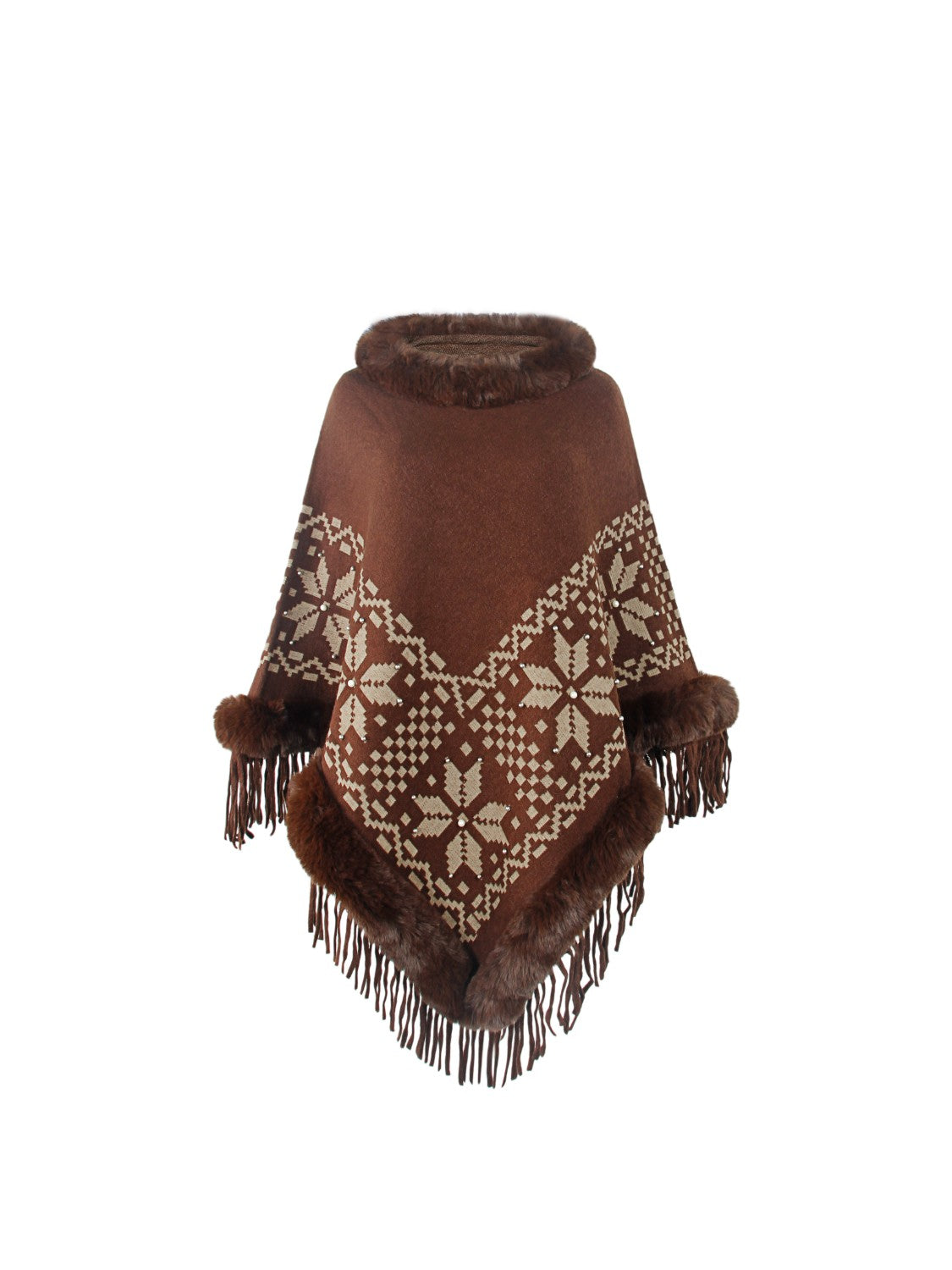 Fringe Geometric Cape Sleeve Poncho-Angel Casuals