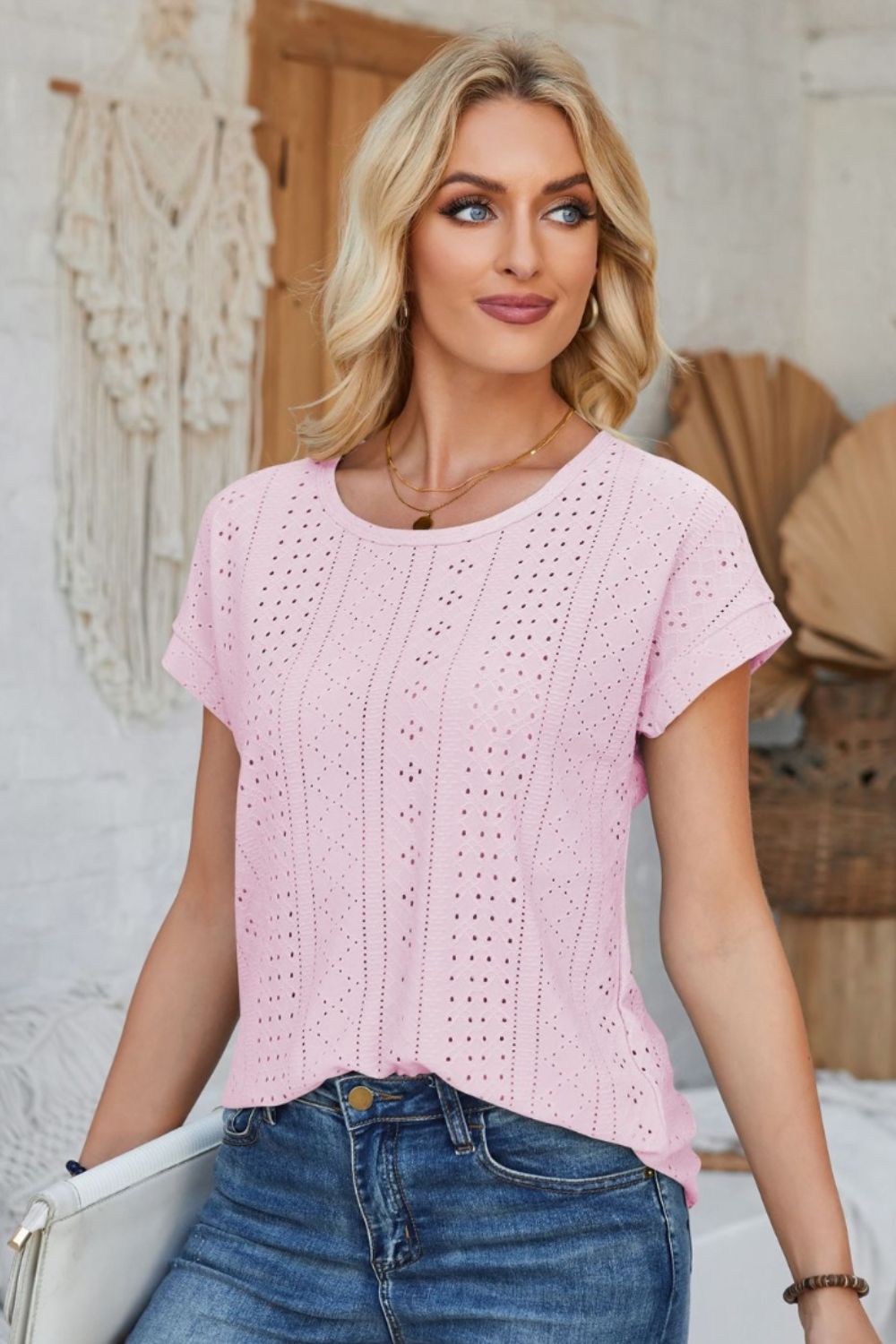 Eyelet Round Neck Rolled Short Sleeve T-Shirt-Angel Casuals