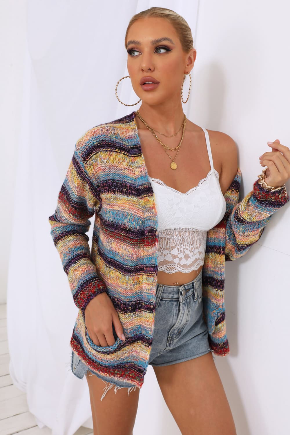 Striped Long Sleeve Open Front Cardigan-Angel Casuals
