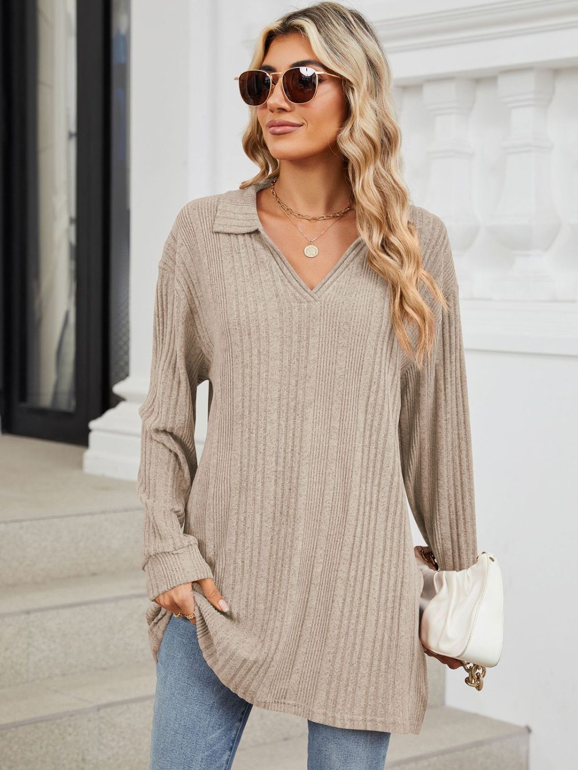 Slit Johnny Collar Long Sleeve T-Shirt-Angel Casuals