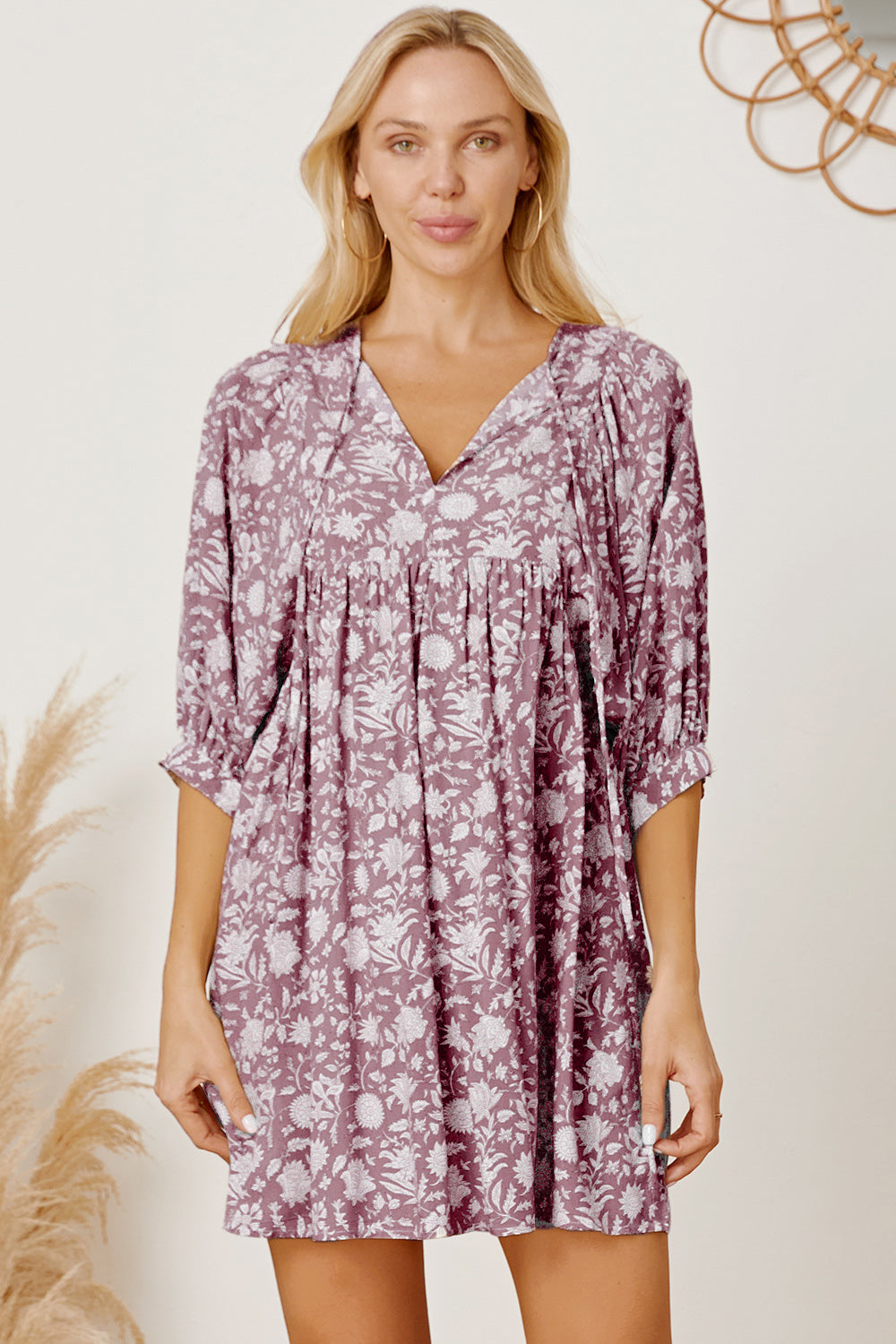 Floral Tie Neck Ruched Babydoll Dress-Angel Casuals