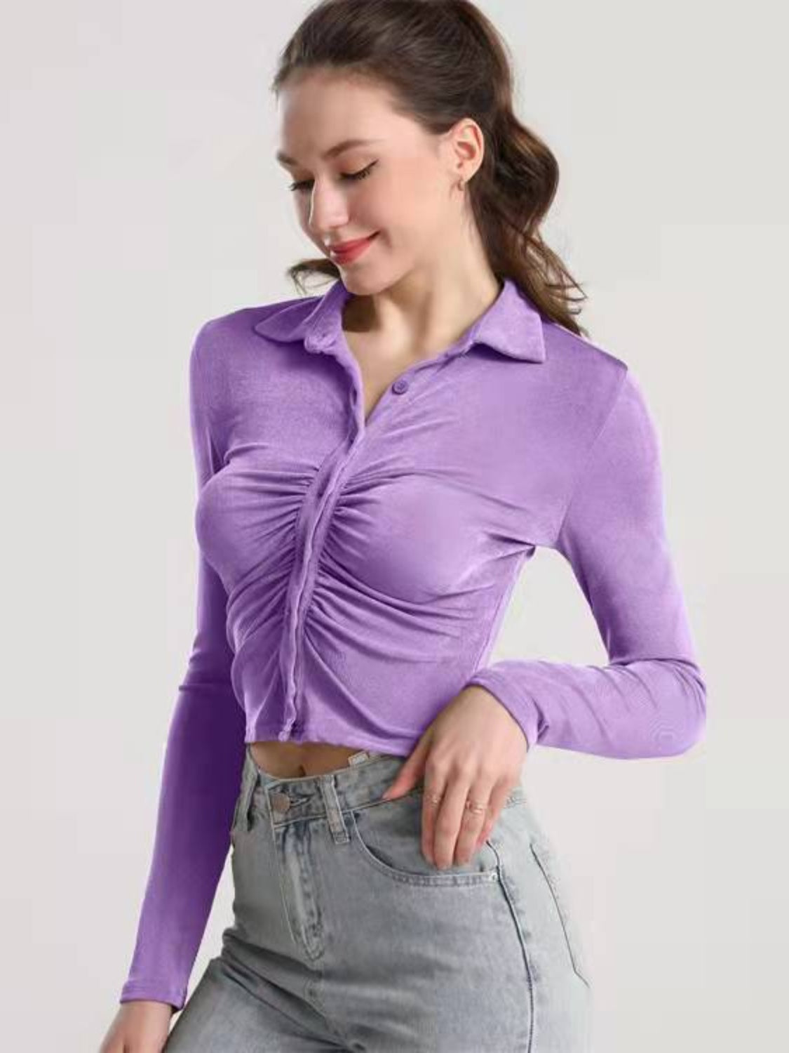 Ruched Button Up Long Sleeve T-Shirt-Angel Casuals