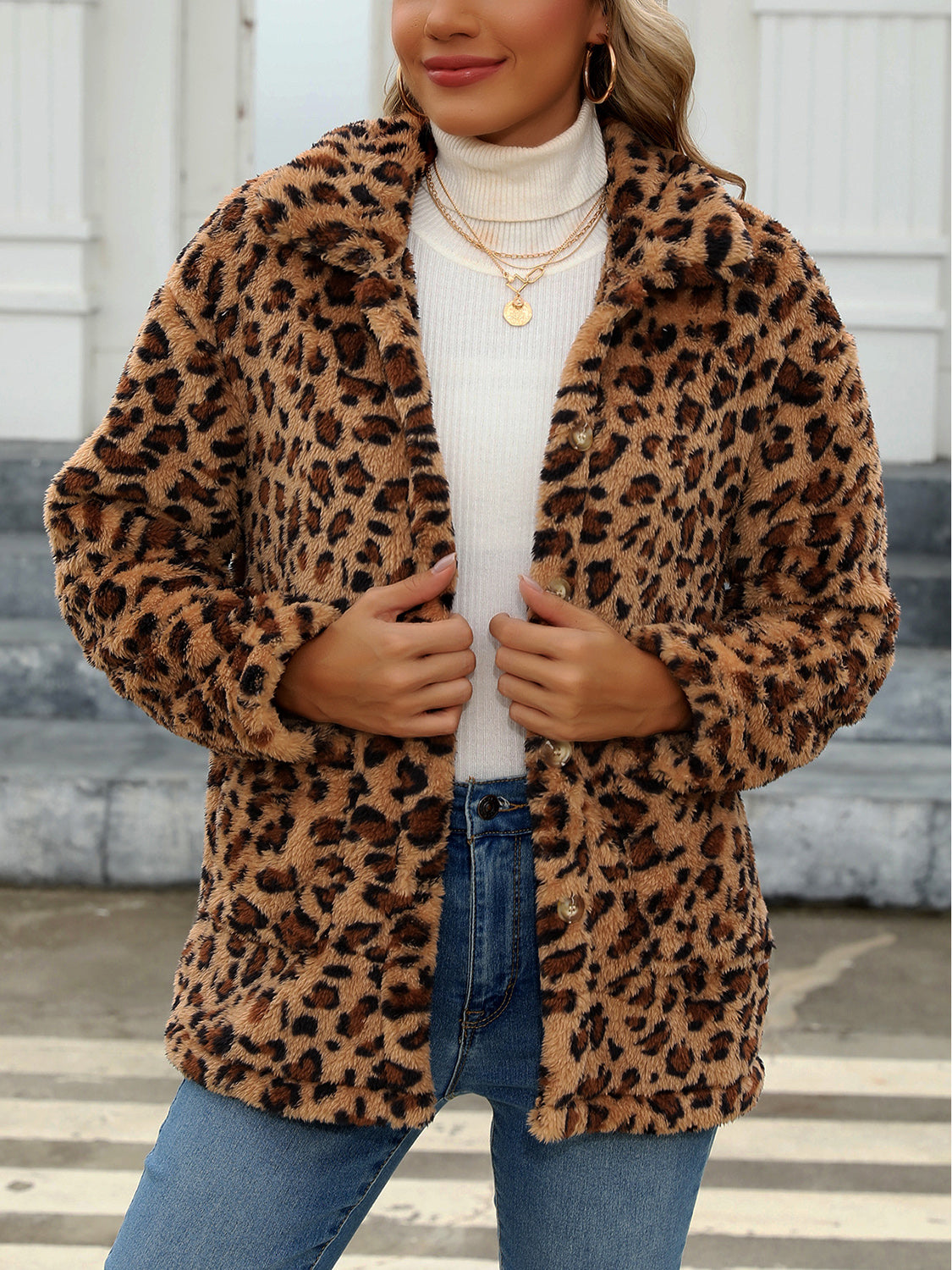Button Up Drop Shoulder Fuzzy Jacket-Angel Casuals
