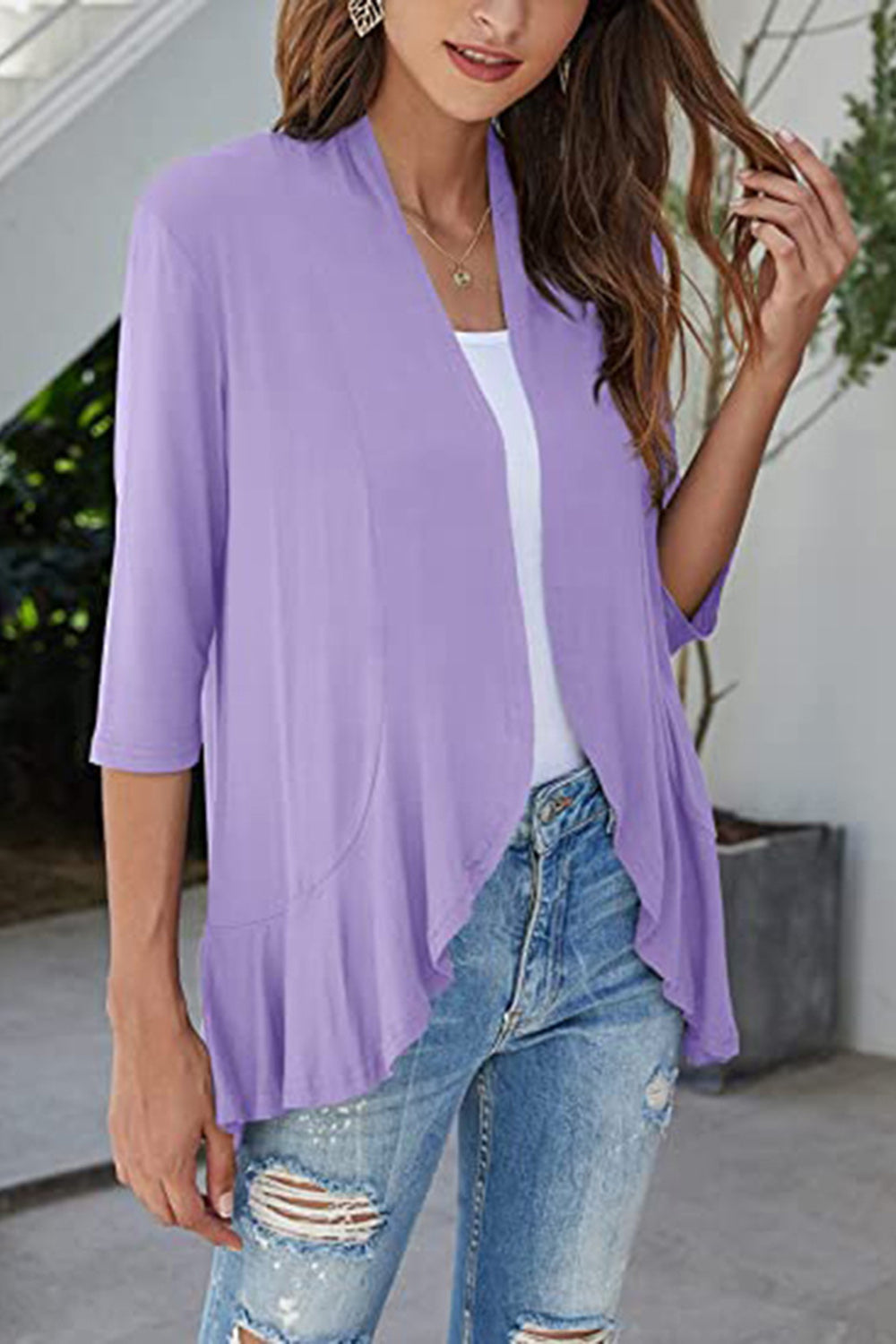 Open Front Three-Quarter Sleeve Cardigan-Angel Casuals