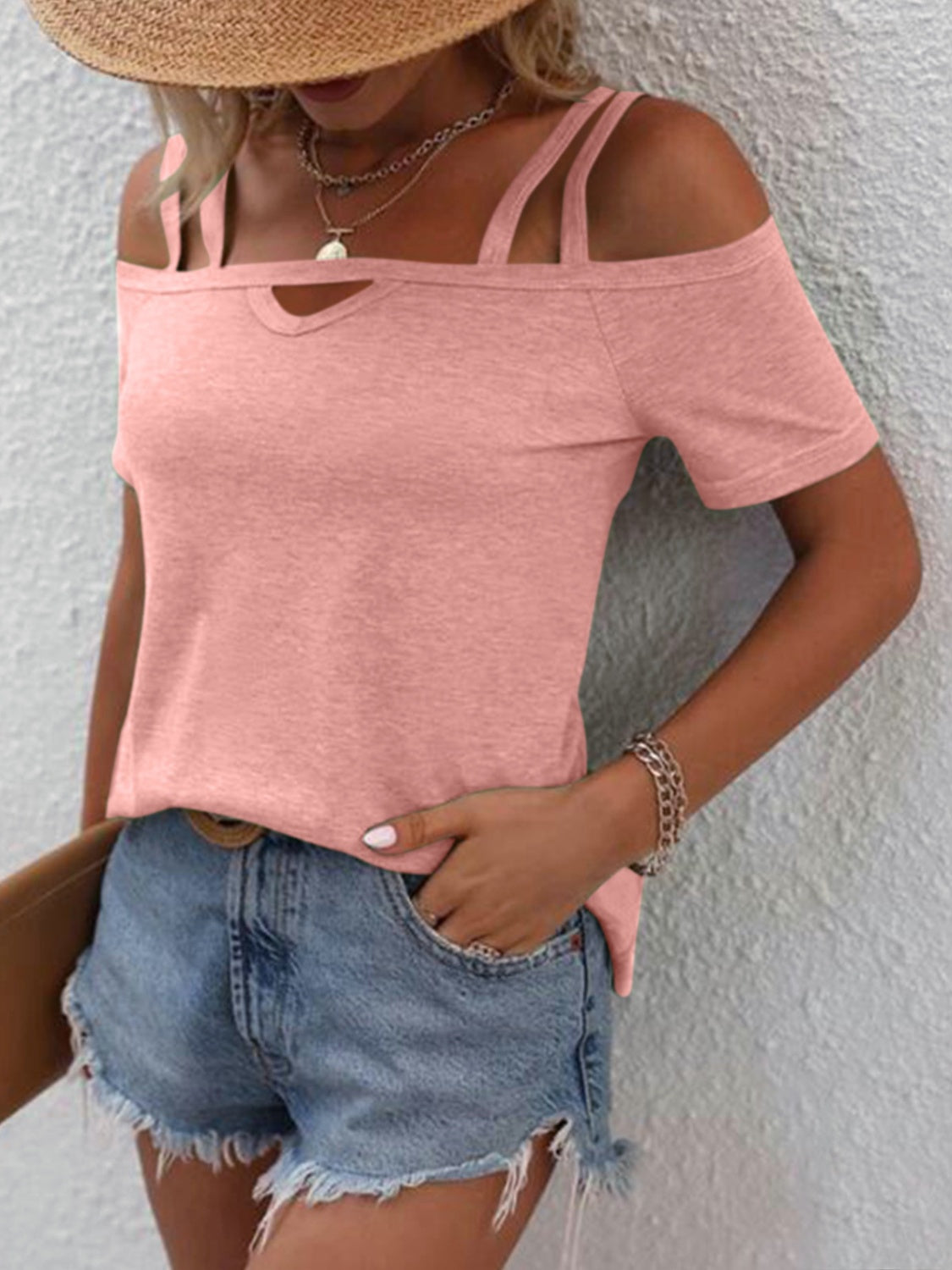 Double Spaghetti Straps Short Sleeve T-Shirt-Angel Casuals