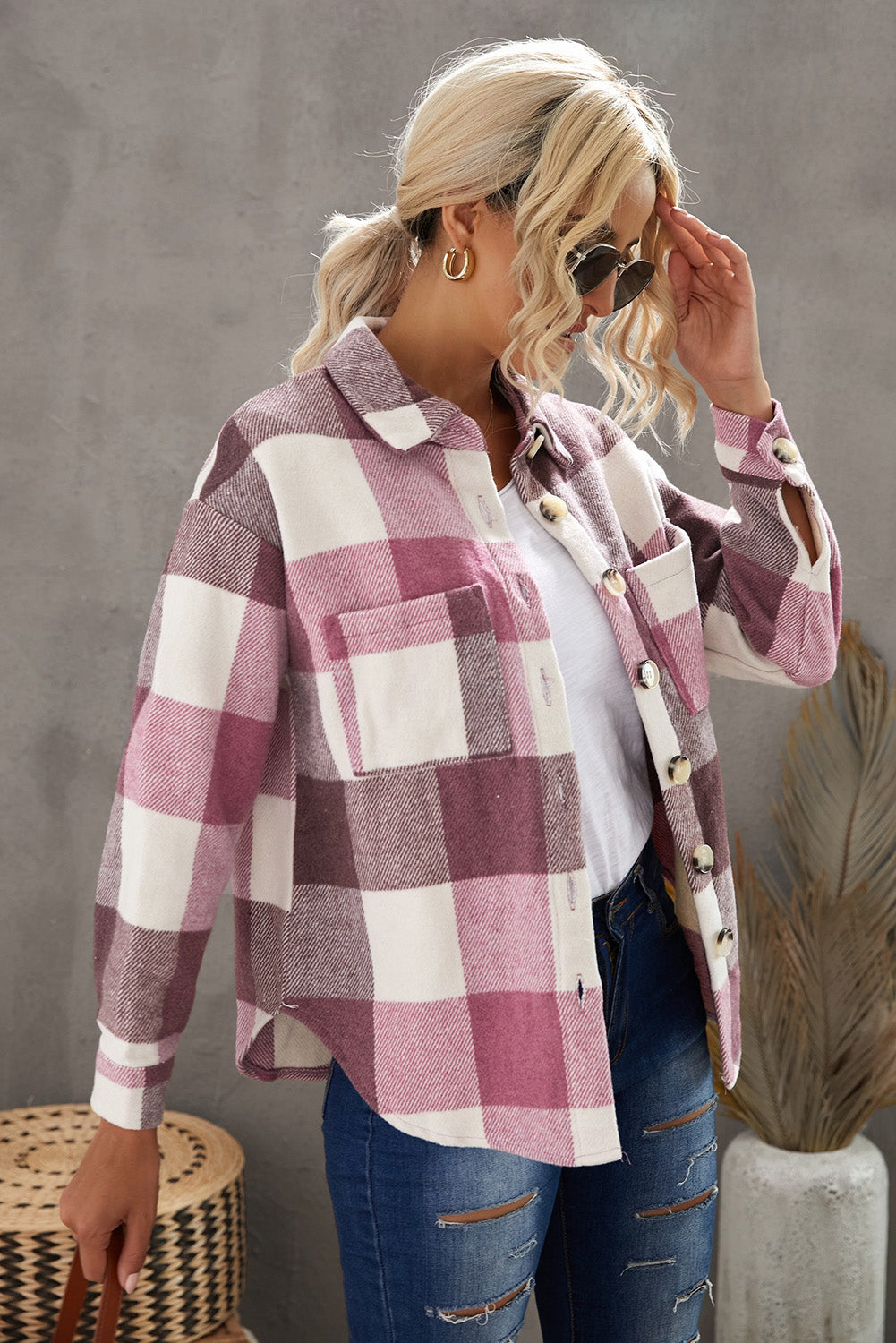Plaid Button Up Dropped Shoulder Jacket-Angel Casuals