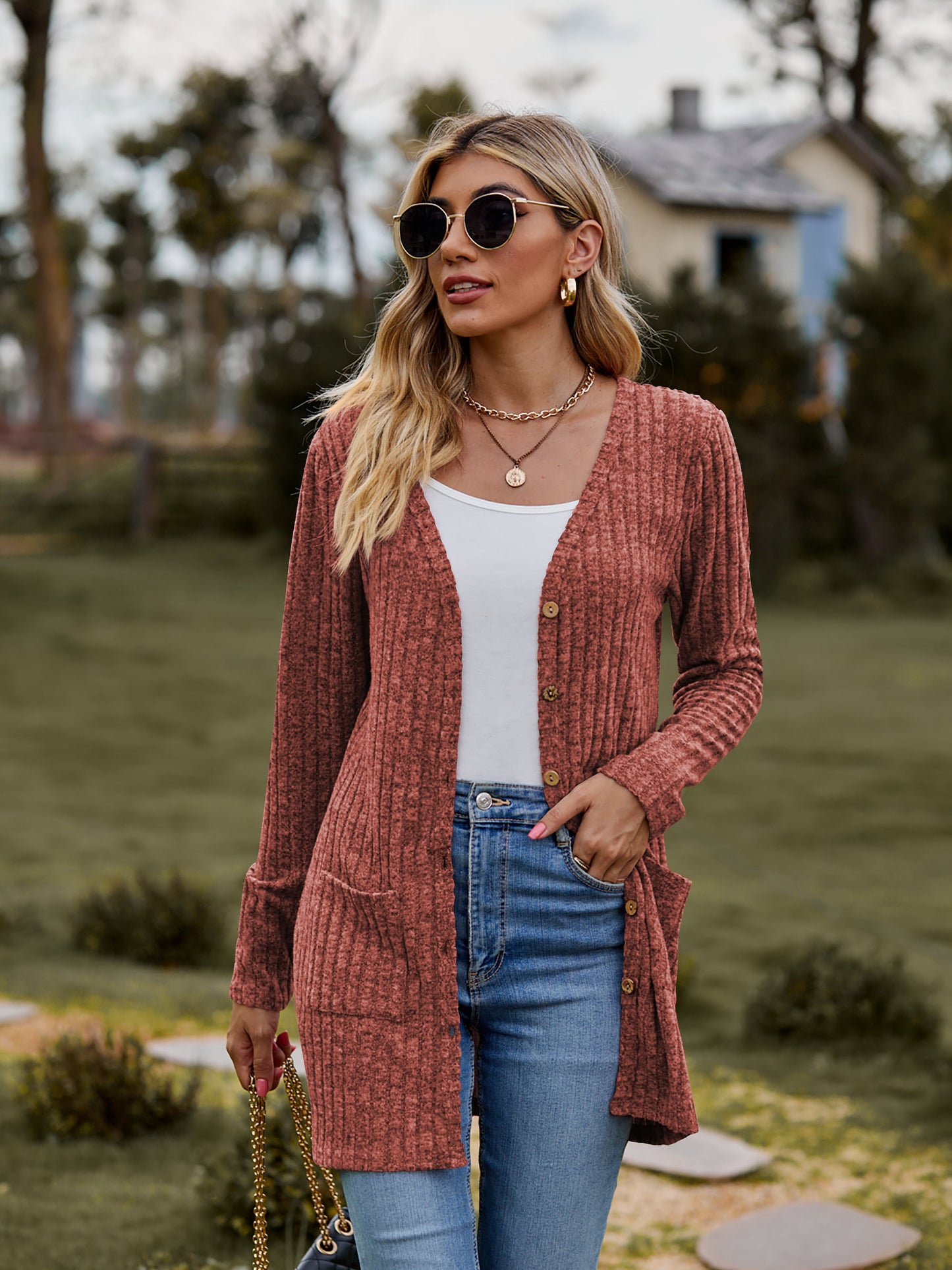 Ribbed Button-Up Cardigan with Pockets-Angel Casuals