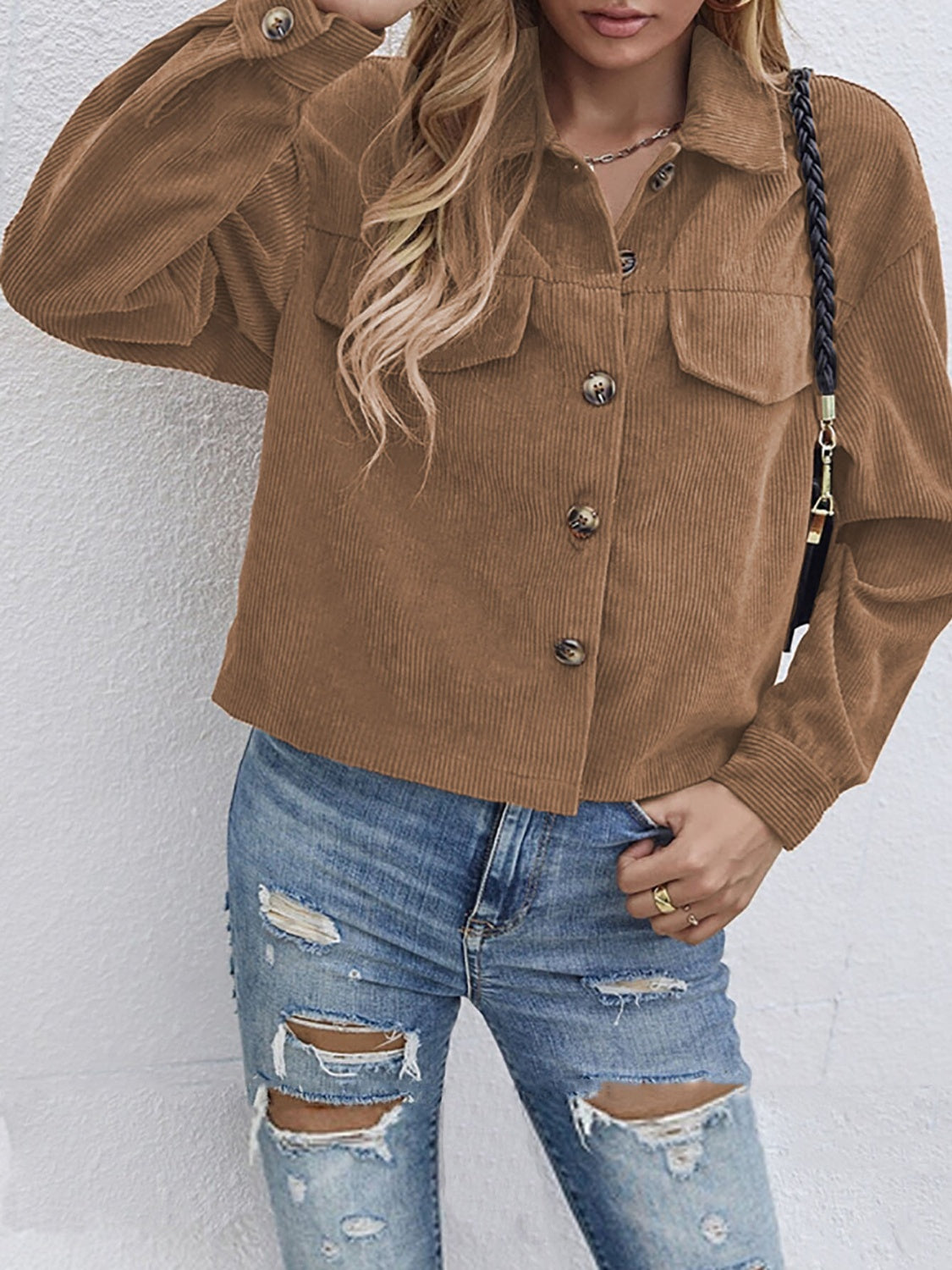 Button Up Dropped Shoulder Long Sleeve Jacket-Angel Casuals